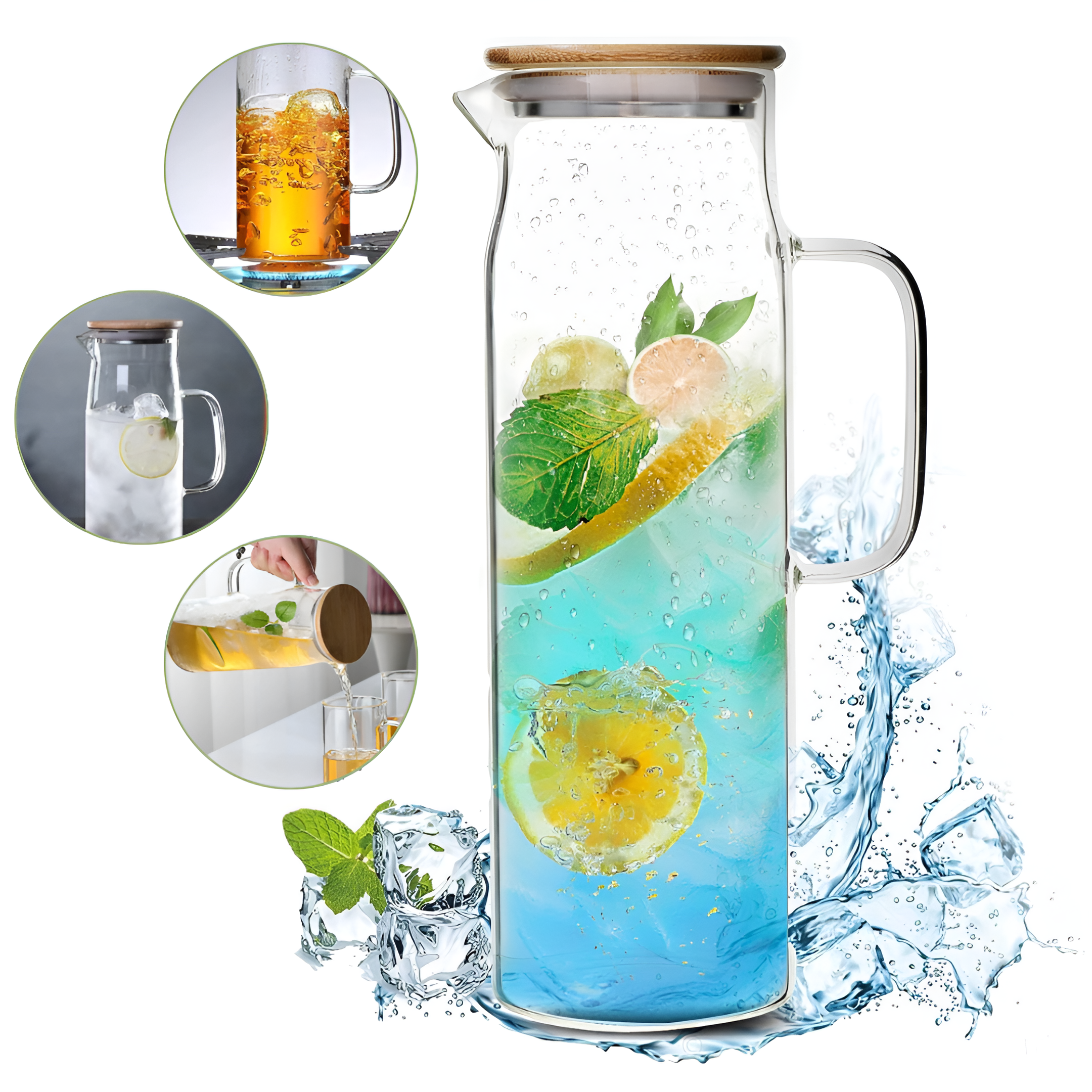Koken Borosilicate Glass Water Carafe, Container with Bamboo and Stainless Steel Lid, Jug 26 x 8.5 cm, 1500ml, Transparent/Wood