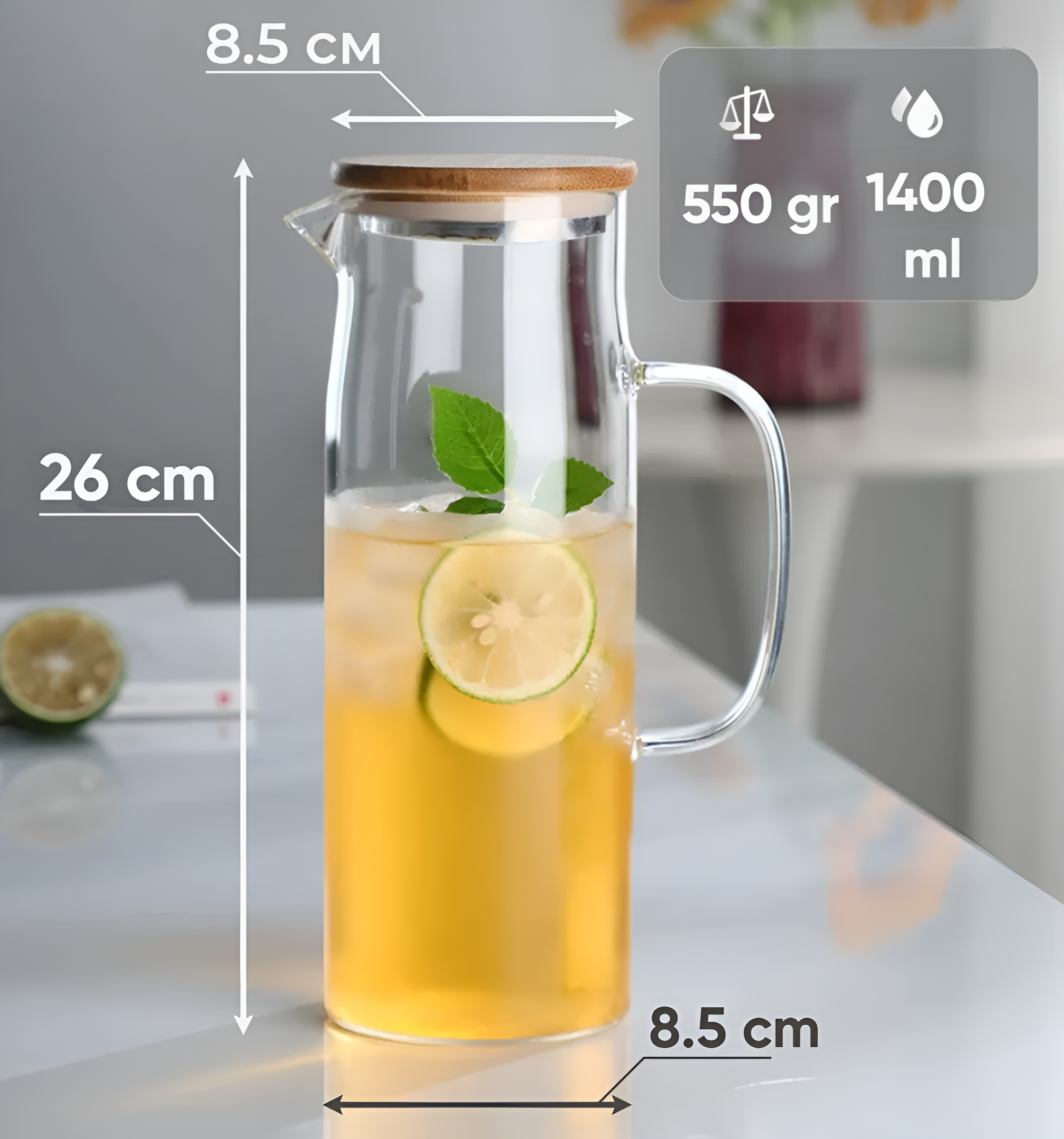 Koken Borosilicate Glass Water Carafe, Container with Bamboo and Stainless Steel Lid, Jug 26 x 8.5 cm, 1500ml, Transparent/Wood