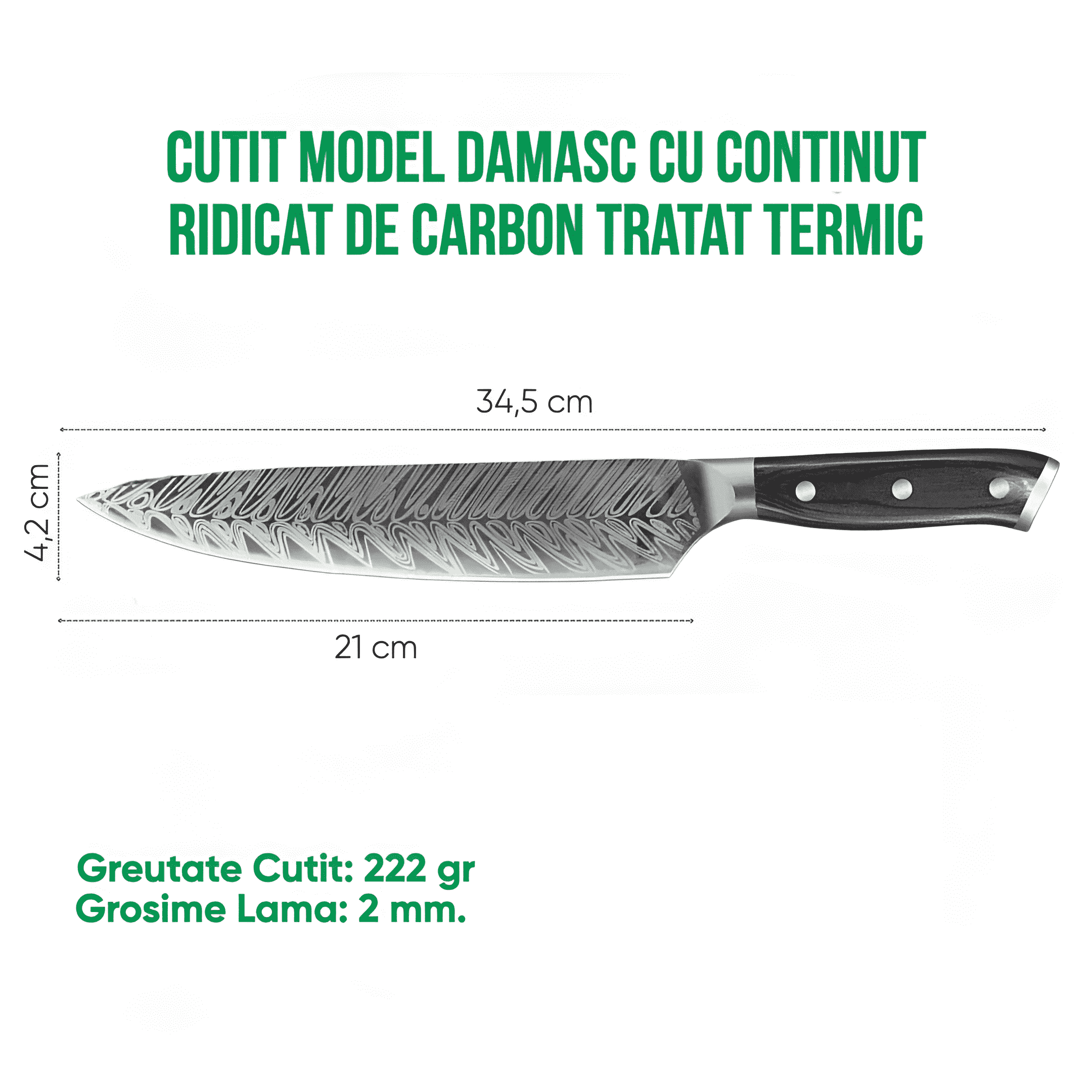 In poza este prezentat Dimensiunile cutitului, cu lungimea de 34,5 cm , lungimea lamei 21 cm , iar latimea 4,2cm. Are o greutate de 222gr. si o grosime a lamei de 2 mm