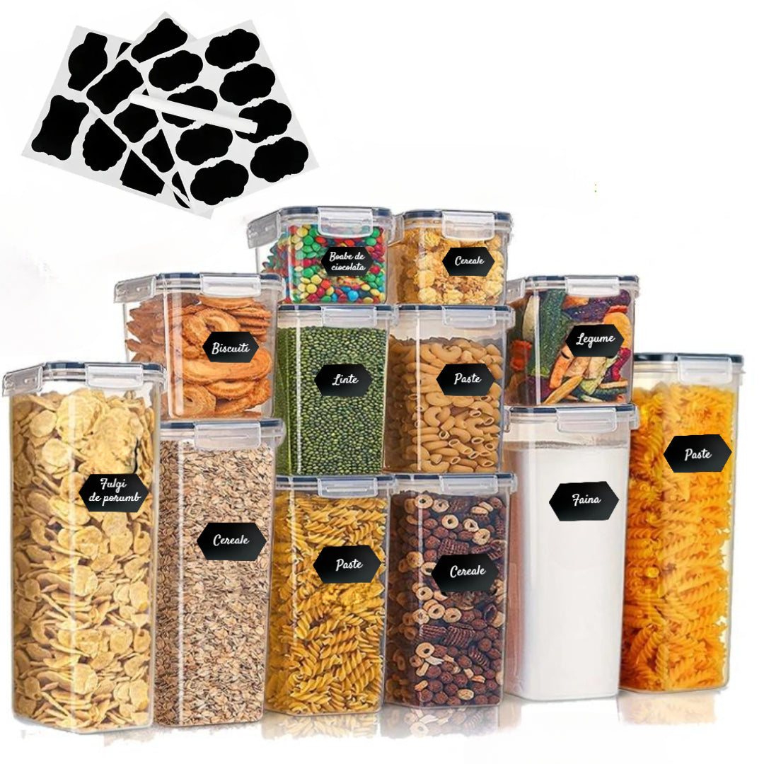 Set 24/18/16/14 recipiente de depozitare Koken, sigure pentru cuptorul cu microunde/masina de spalat vase/congelator, Caserole etanșe depozitare alimente, plastic fara BPA, Transparent/Negru