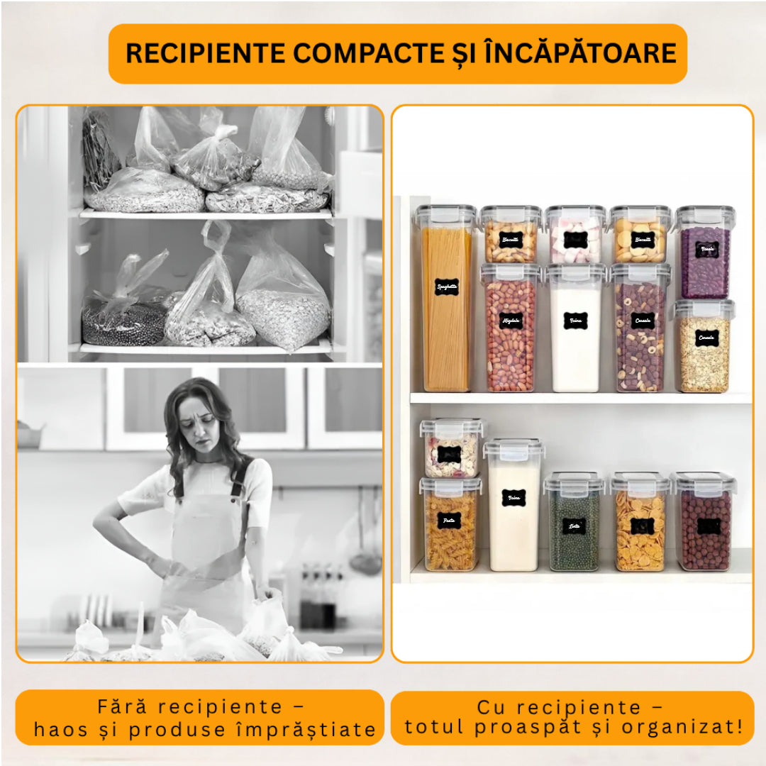 Creează-ți propriul set de recipiente din plastic fara BPA, de dimensiuni diverse, cu capace etanșe, Transparent/Negru, Koken