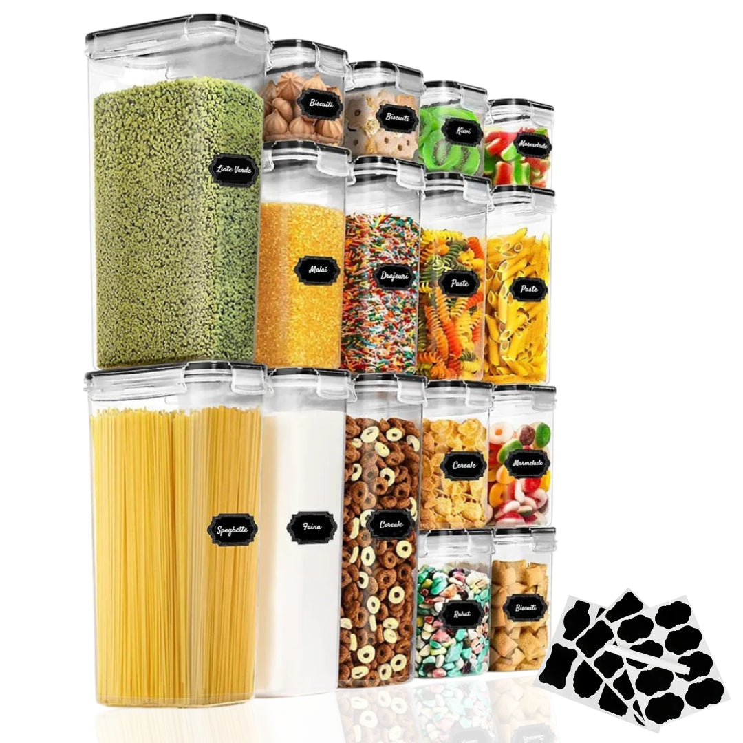 Set 24/18/16/14 recipiente de depozitare Koken, sigure pentru cuptorul cu microunde/masina de spalat vase/congelator, Caserole etanșe depozitare alimente, plastic fara BPA, Transparent/Negru