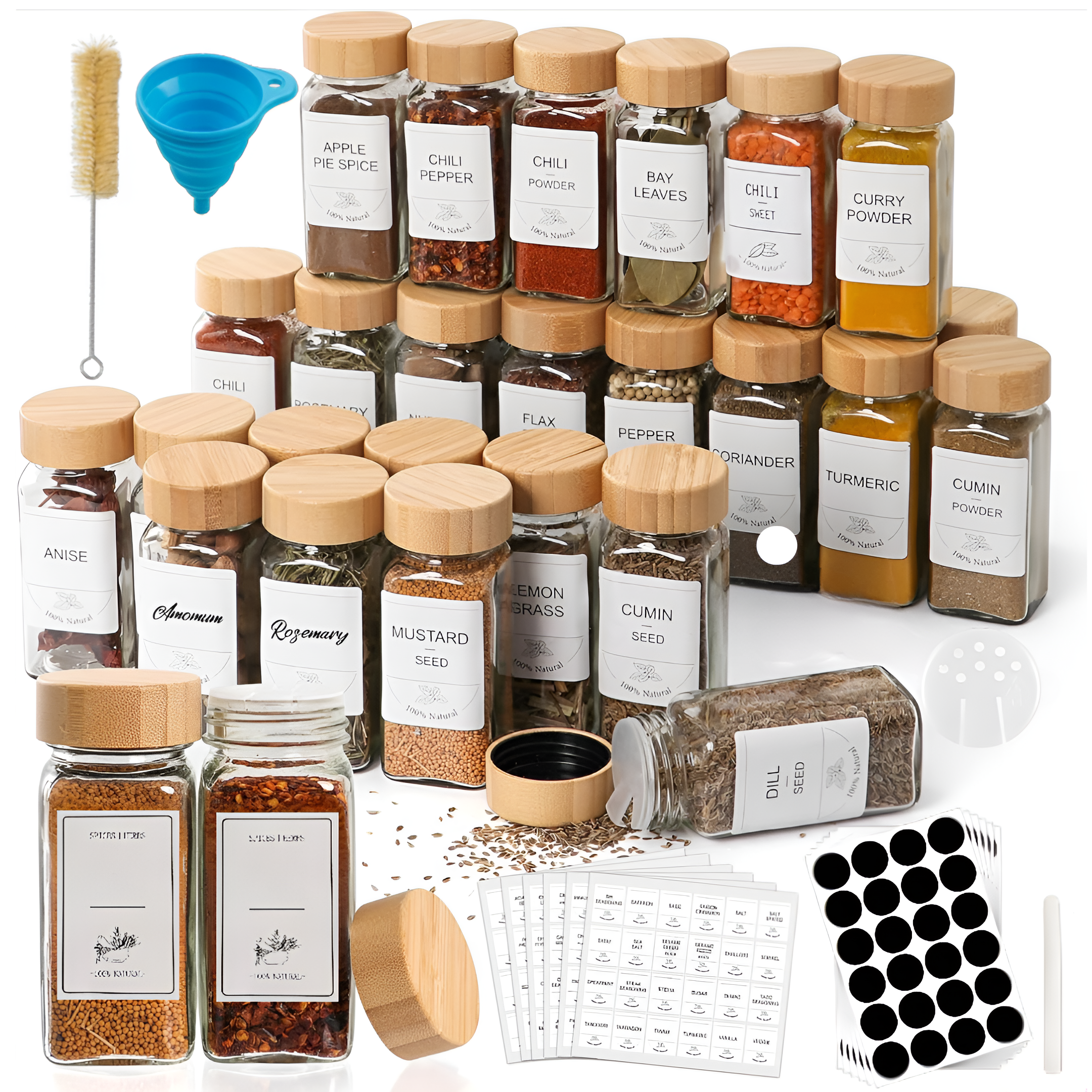 Set recipiente condimente 24 sticlute cu capace de dozaj de 120 ml, perie, palnie, etichete si marker, capac etans din bambus, Transparent