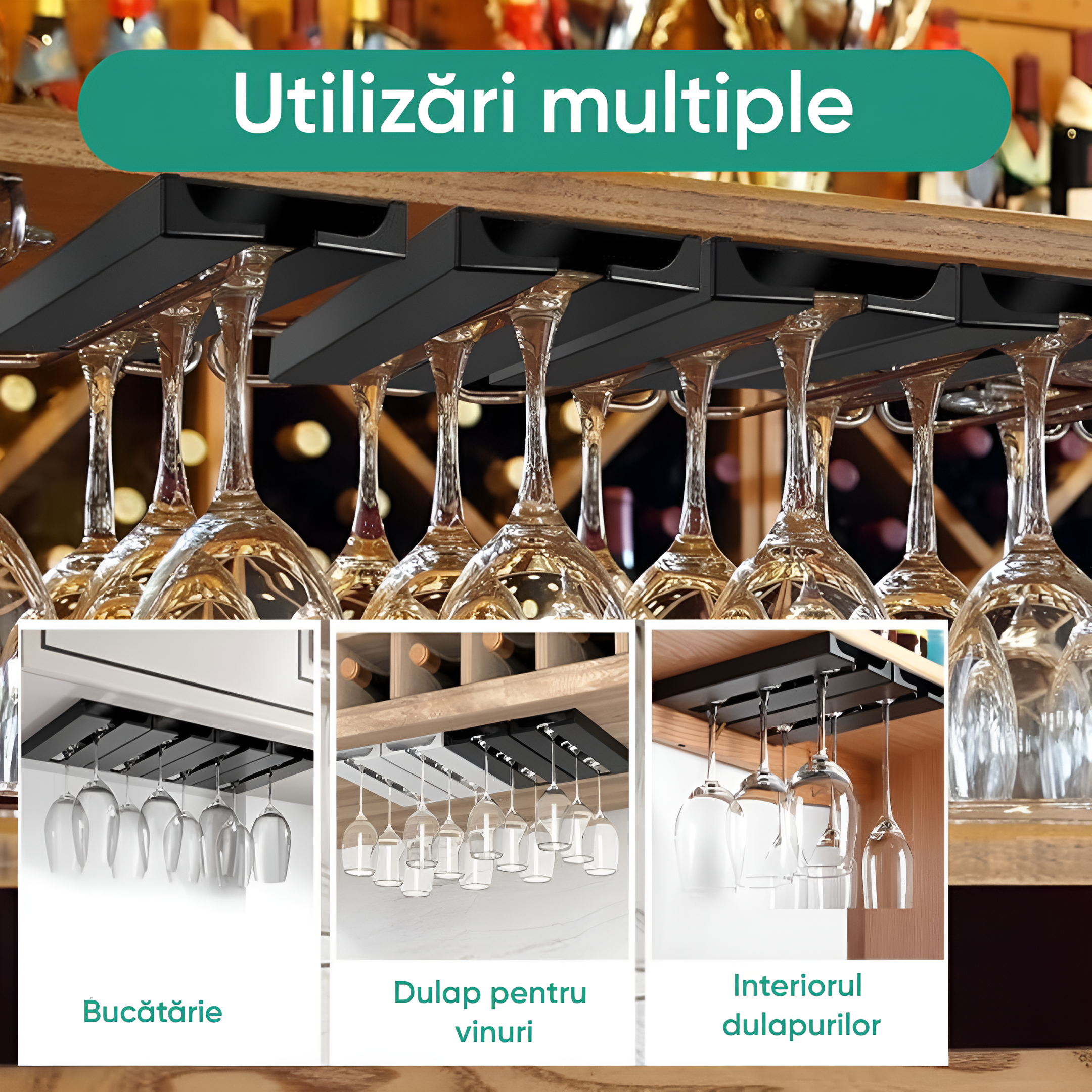 Suport suspendat pentru pahare cu picior Koken, potrivit pentru diverse tipuri de pahare, 2 x 11x 25 cm, Plastic/Negru