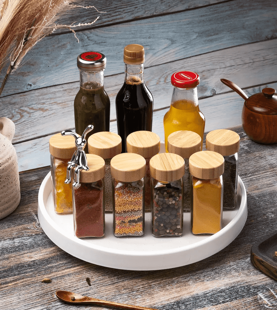 Set 12 sticlute condimente Koken,recipiente condimente 120 ml, capac etanș din bambus, Transparent
