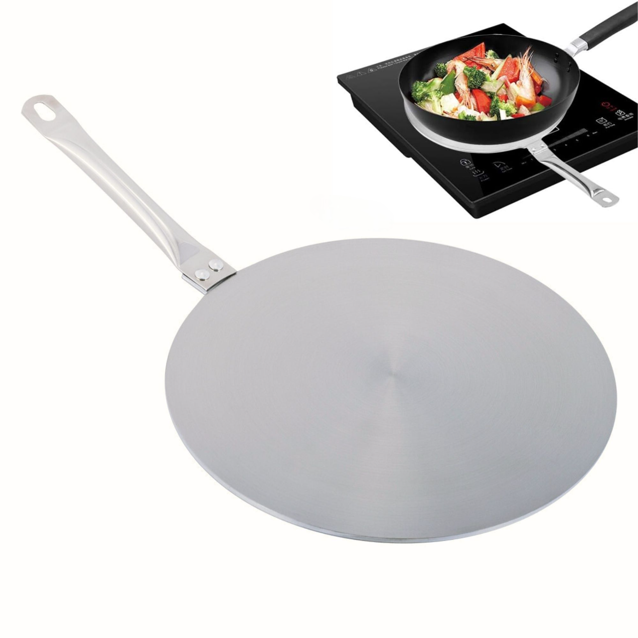 Adaptor pentru plita cu inductie Koken, din inox, cu maner metalic lung; permite folosirea tigaielor si oalelor obisnuite pe plite cu inductie. In coltul imaginii se observa un exemplu de utilizare cu o tigaie pe o plita cu inductie