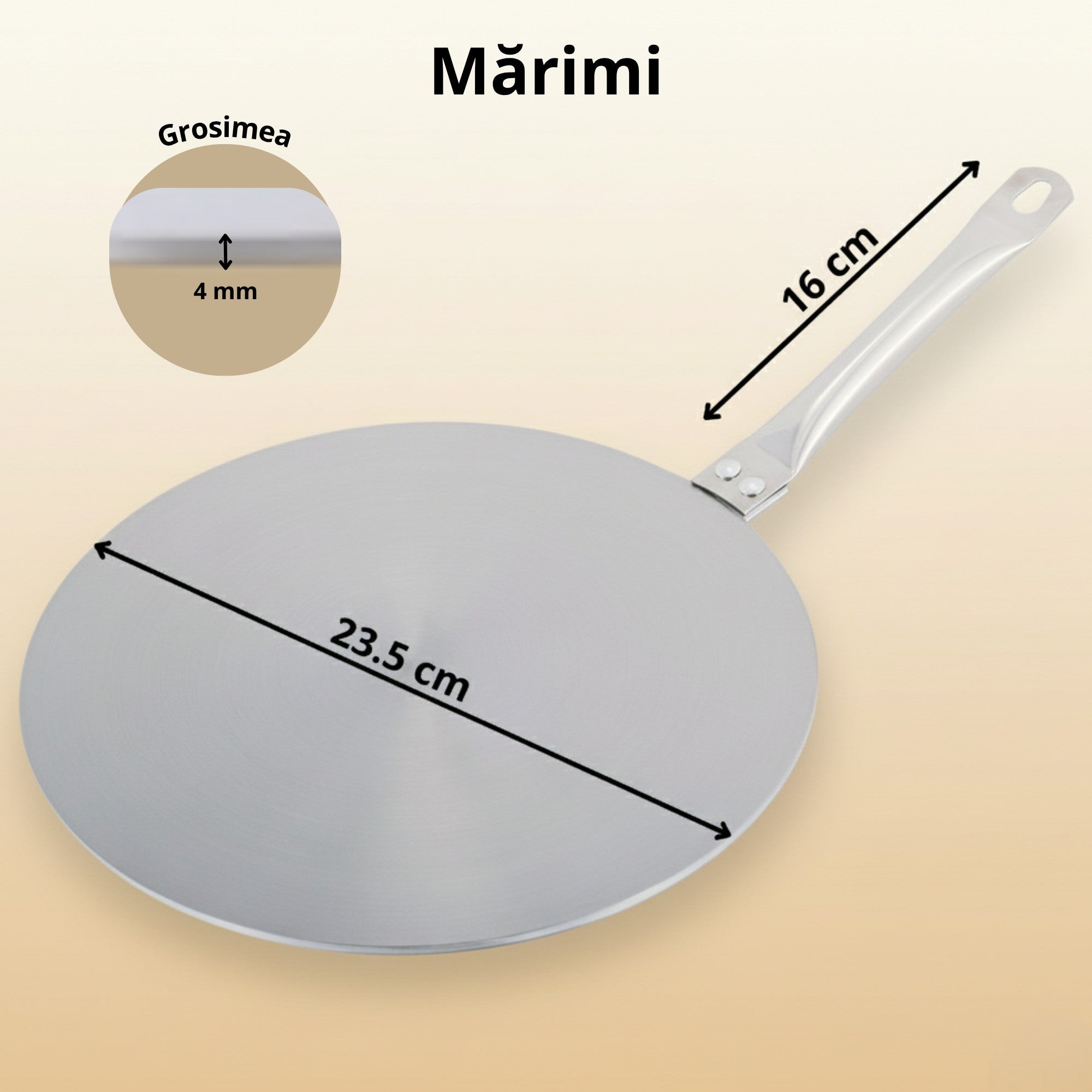 Adaptor pentru plita cu inductie Koken, din inox, cu maner metalic lung de 16 cm, grosimea 4 mm si diametru al discului de 23.5 cm, utilizat pentru a face compatibile vasele obisnuite cu plitele cu inductie.
