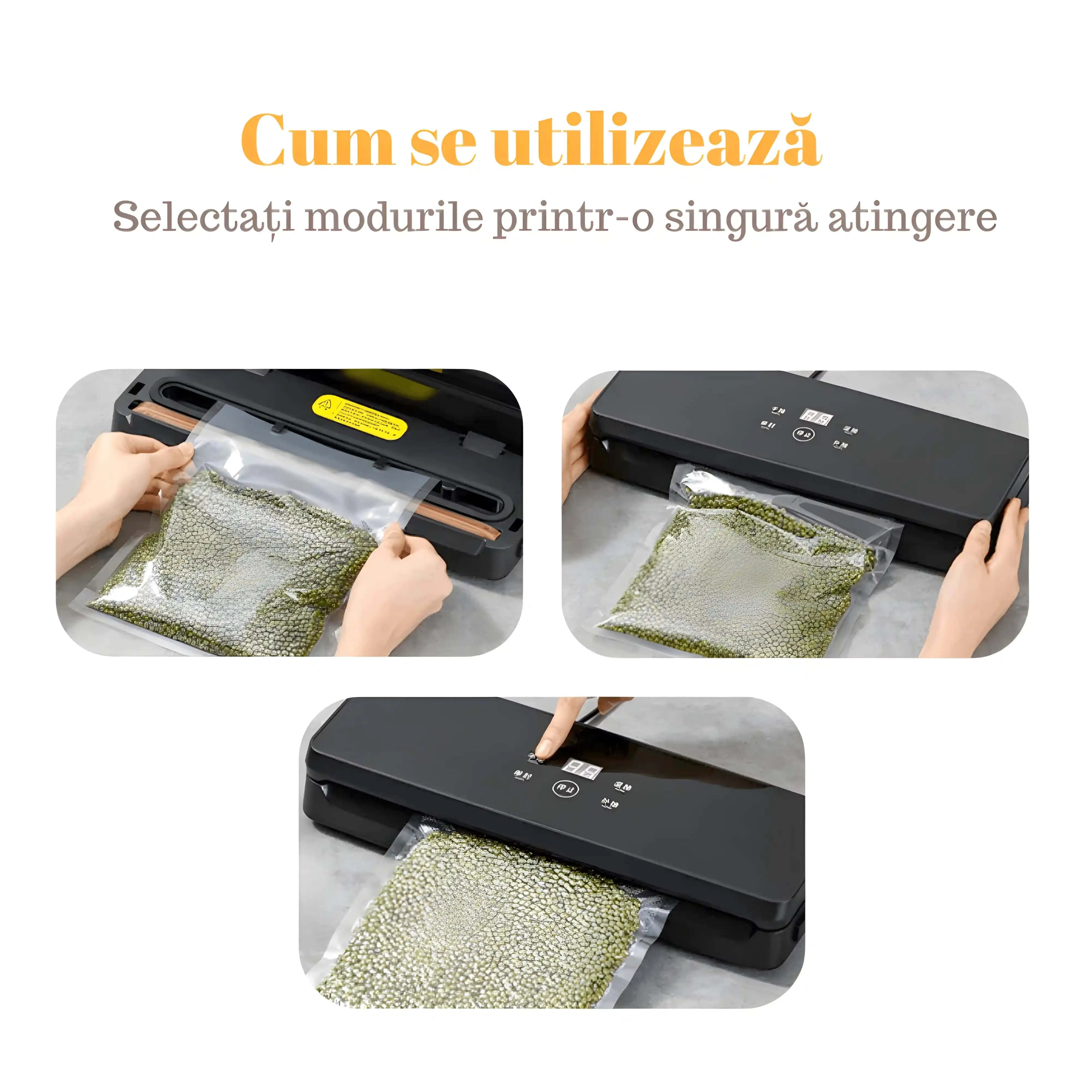 Imagine care ilustrează procesul de vidare a pungilor în 3 etape: 1. Așezarea corectă a pungii în clemele aparatului, 2. Închiderea corectă a aparatului, 3. Procesul de vidare a pungii.
