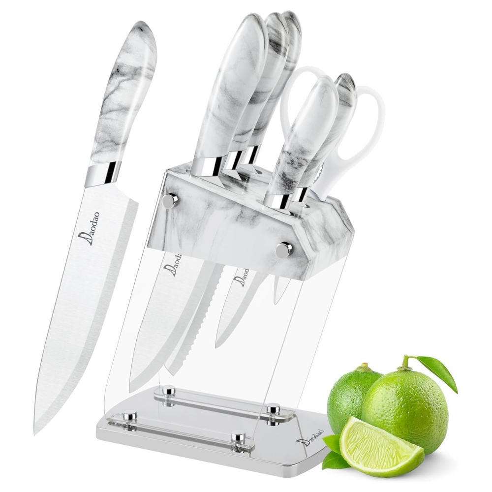 Set de Cuțite pentru Bucătărie Koken, 6 Piese din Oțel Inoxidabil cu Suport Acrilic Transparent, Cuțite Ultra-Ascuțite cu Design Marmorat și Mânere Ergonomice, Alb