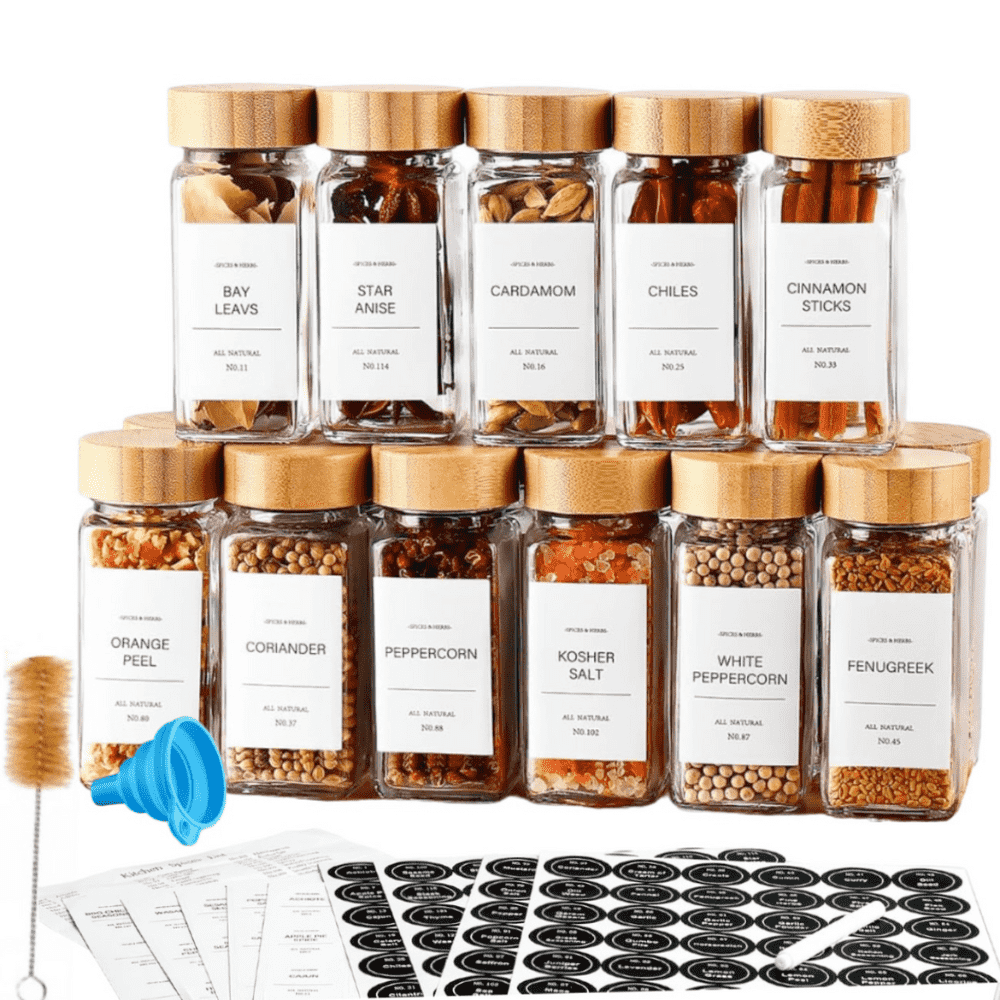 Set recipiente condimente 12 sticlute cu capace de dozaj de 120 ml, perie, palnie, etichete si marker, capac etans din bambus, Transparent