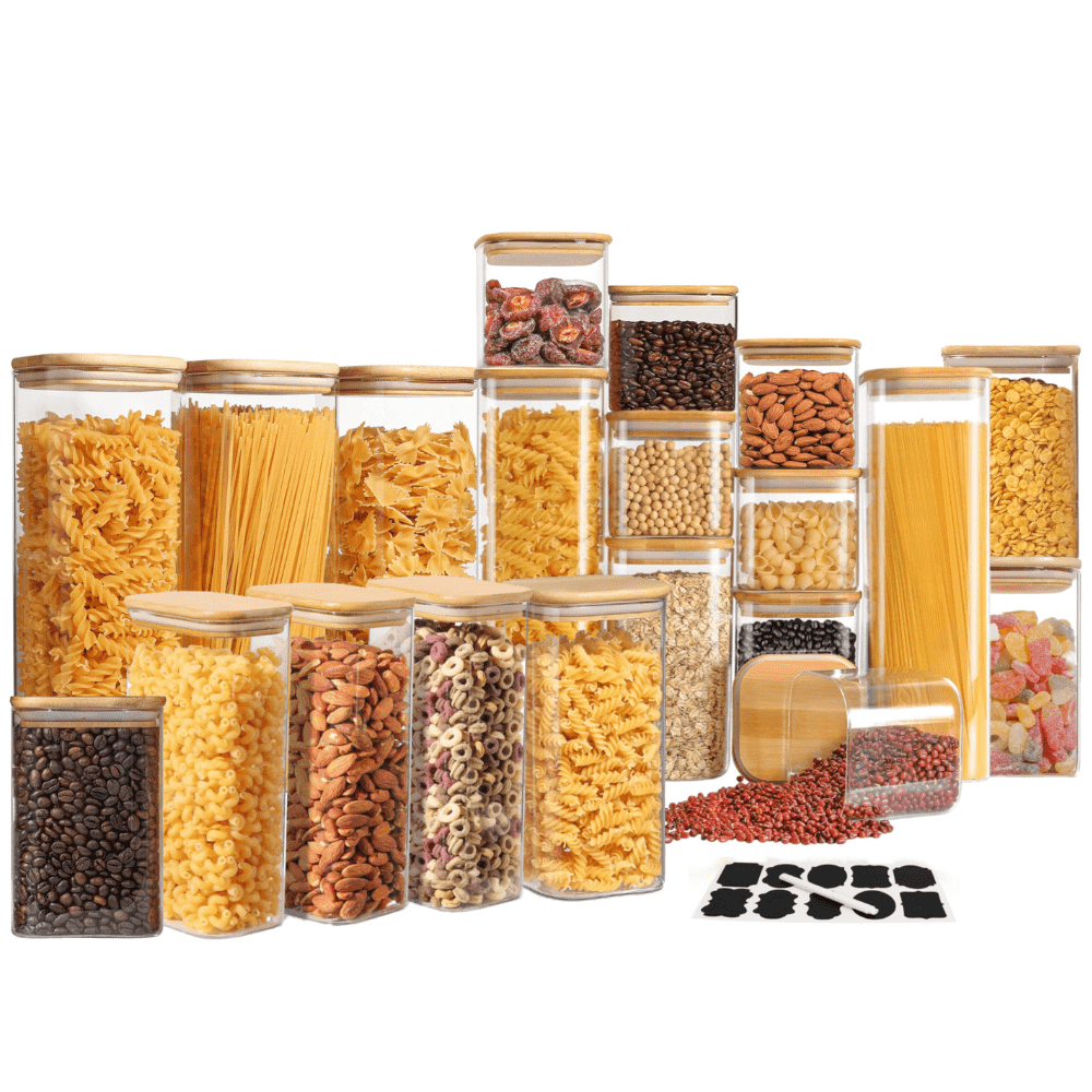 Set of 20 Square Borosilicate Glass Containers with Airtight Bamboo Lids Koken, for Dry Food and Grain Storage,