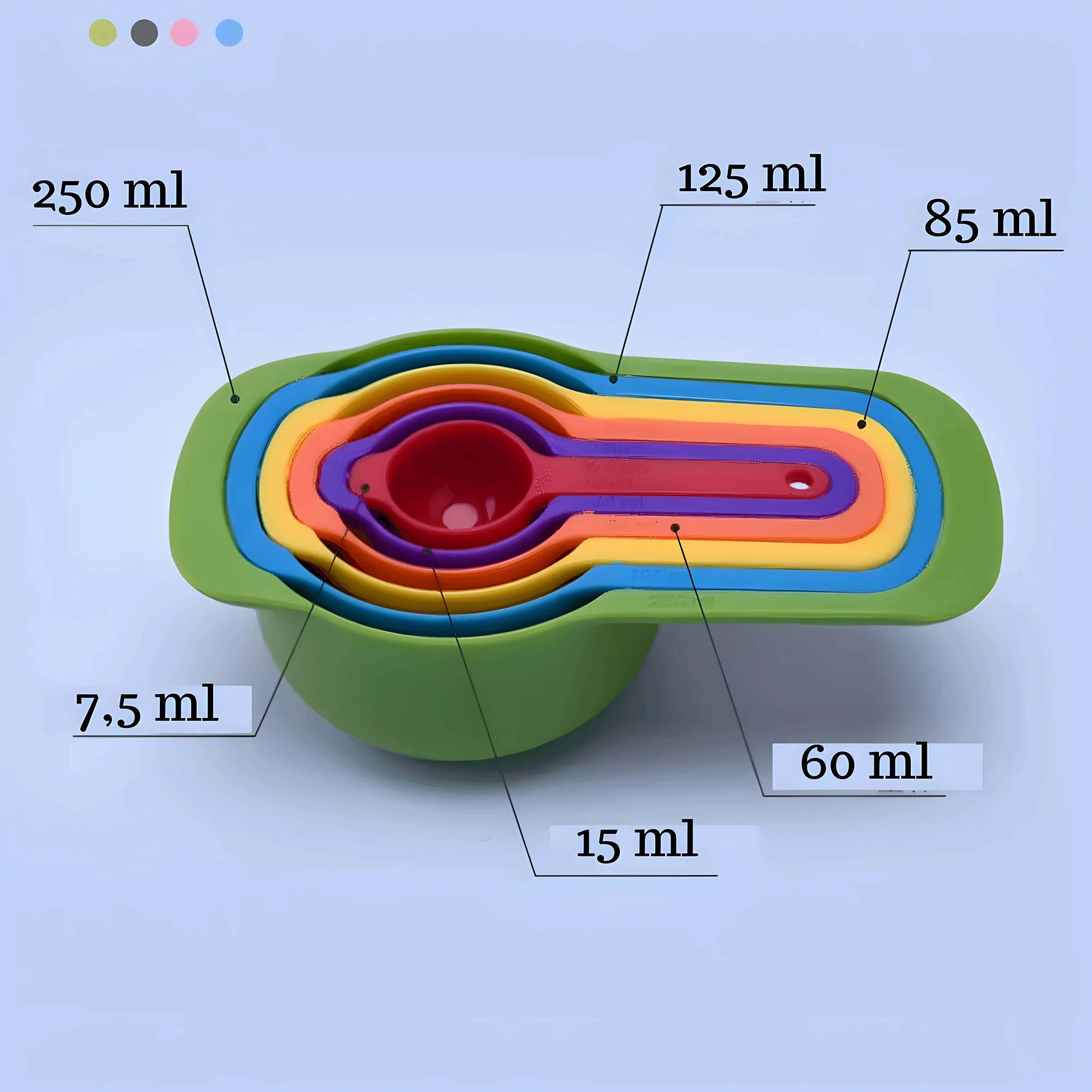 Imagine care prezintă cupele de măsurare cu capacități de la 7,5 ml până la 250 ml, incluzând și variante de 15 ml, 60 ml, 85 ml și 125 ml.