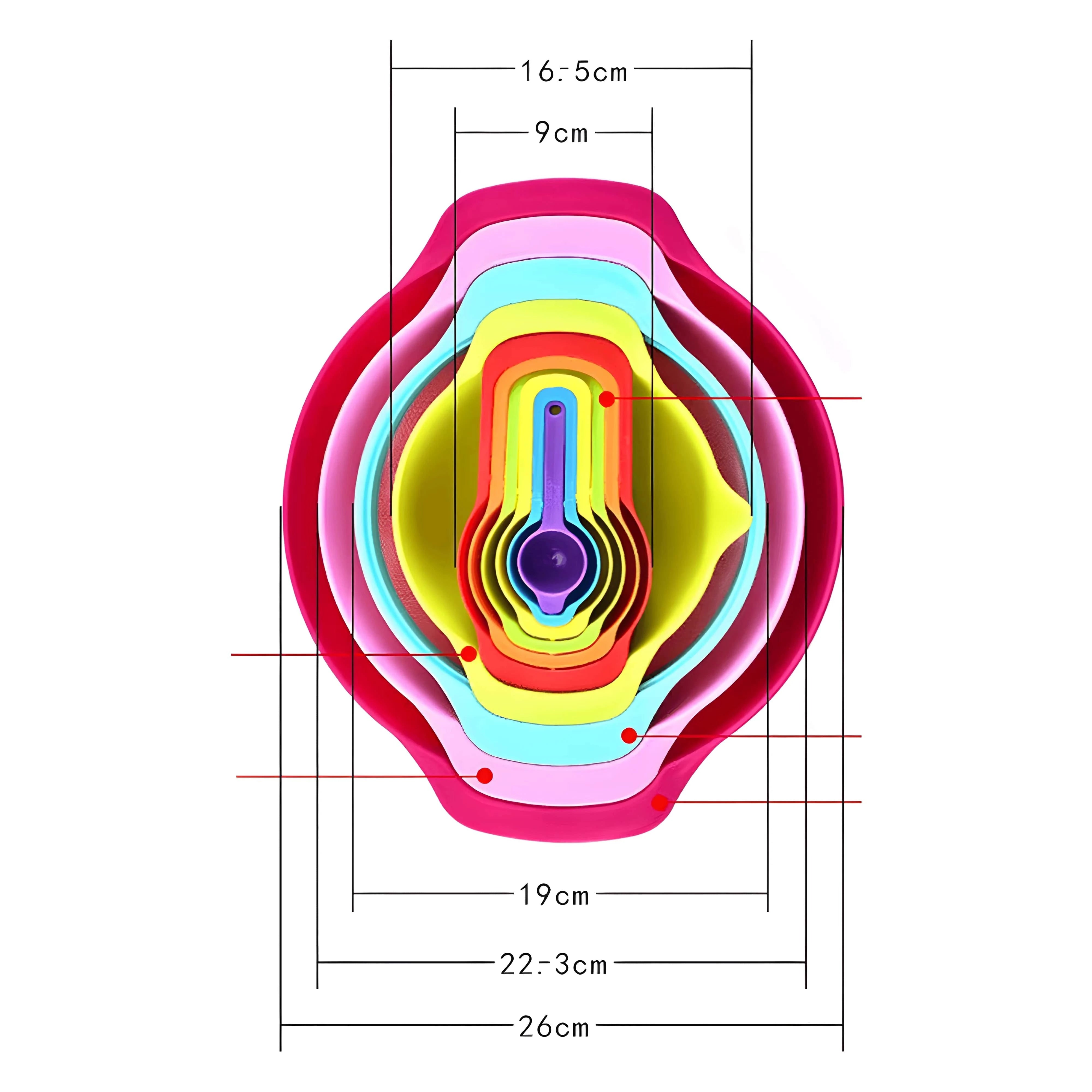Imagine care prezintă dimensiunile bolurilor, cu diametre între 26 cm și 9 cm. Sita are un diametru de 19 cm, iar bolul pentru scurgerea legumelor are un diametru de 22,3 cm.