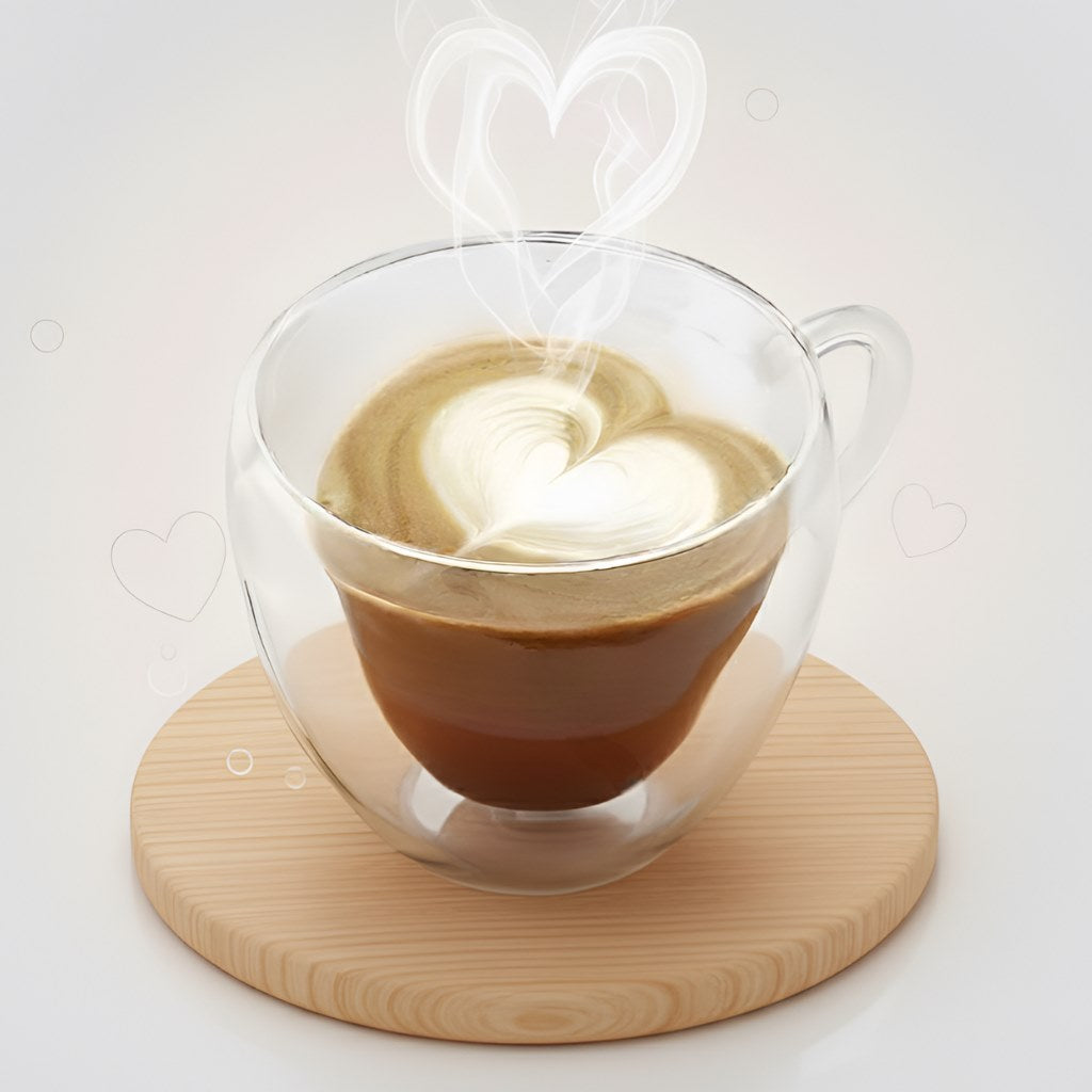 Cana cu perete dublu din sticla borosilicata cu volum de 250ml sta pe un suport de lemn. Cana e aproape plina cu cappuccino.