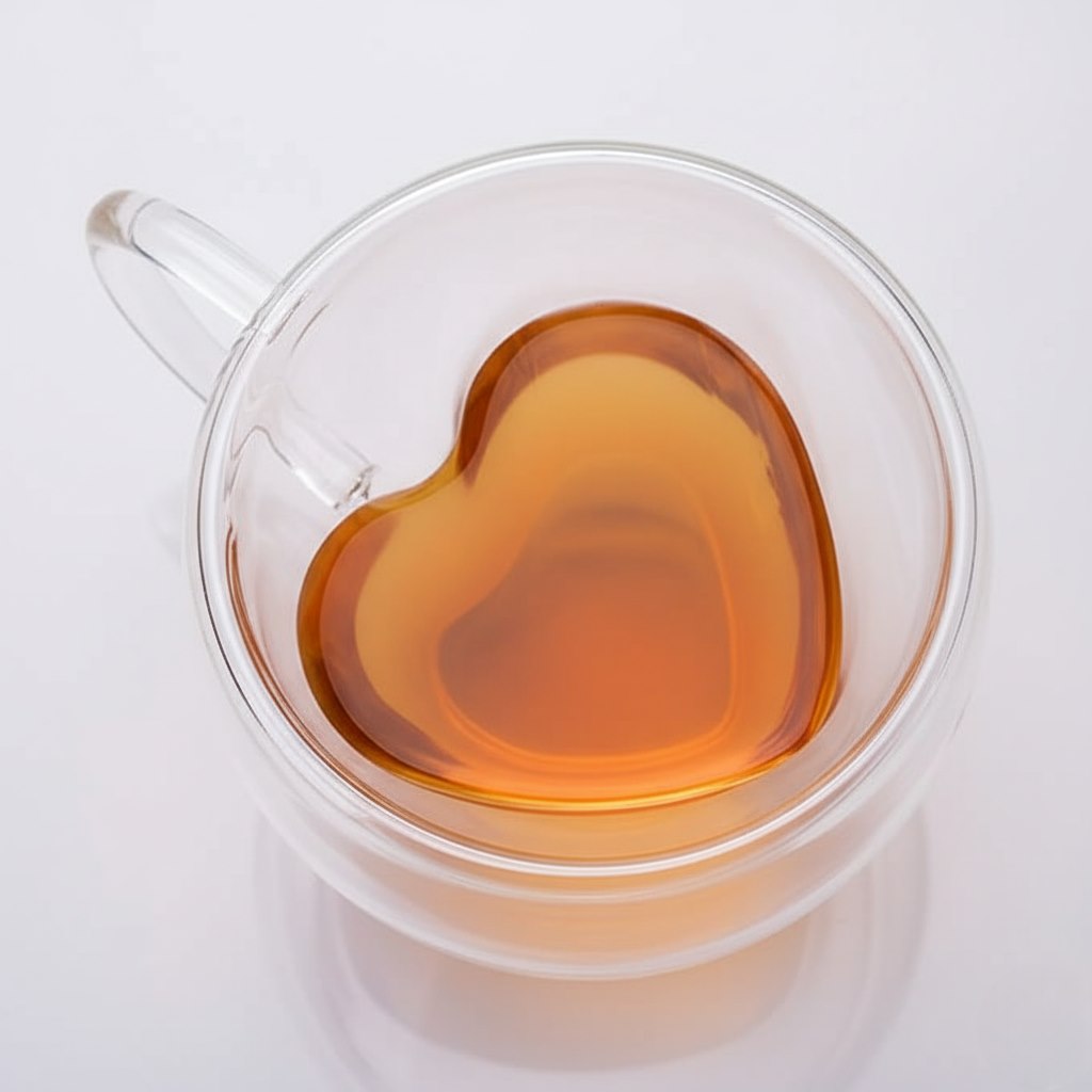 Cana din sticla borosilicata, perete dublu, volum 250ml, pe o masa alba, fiind plina pe jumatate cu un ceai negru, cana are forma inimii.