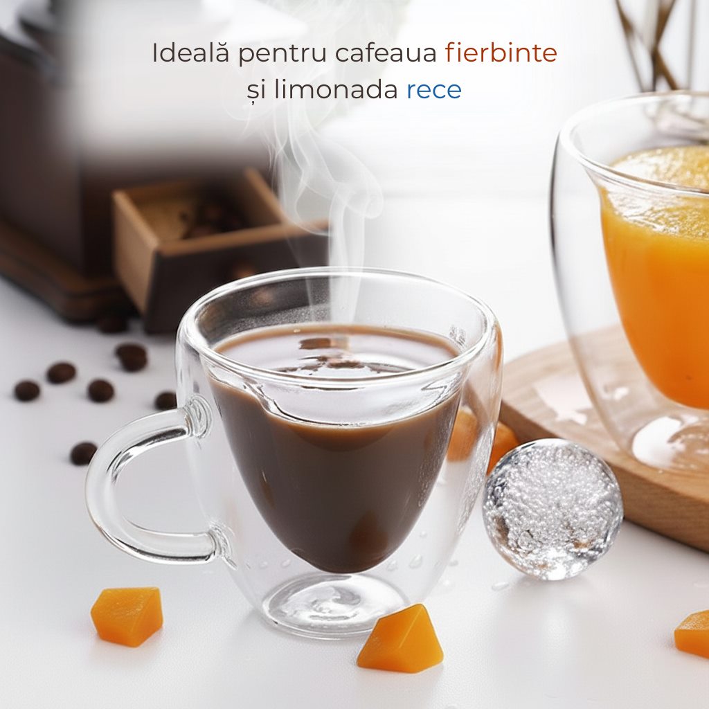 Cana in forma de inima cu perete dublu sta pe o masa alba. In cana este cafea fierbinte, alaturi o alta cana de aceeasi forma cu suc de portocale. Pe masa se observa bucati de bomboane cu caramela si pe fundal un maruntitor de boabe de cafea. 