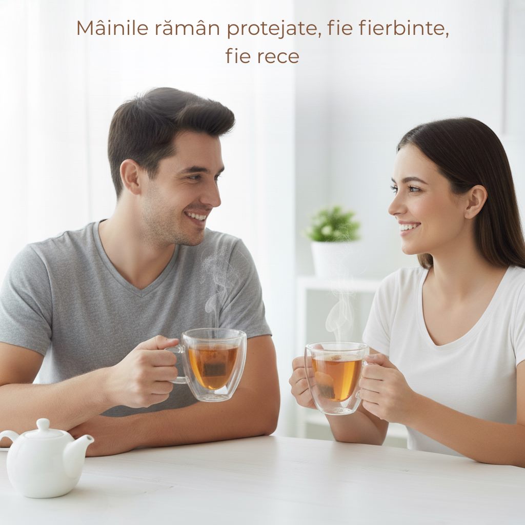 Un cuplu sta la masa, cu dispozitie binevoitoare, servesc ceai din canile in forma de inima, zambesc, se uita unul la celalalt, iar pe masa sta un ceainic micut alb. Deasupra lor se vede textul "mainile raman protejate, fie fierbinte, fie rece."