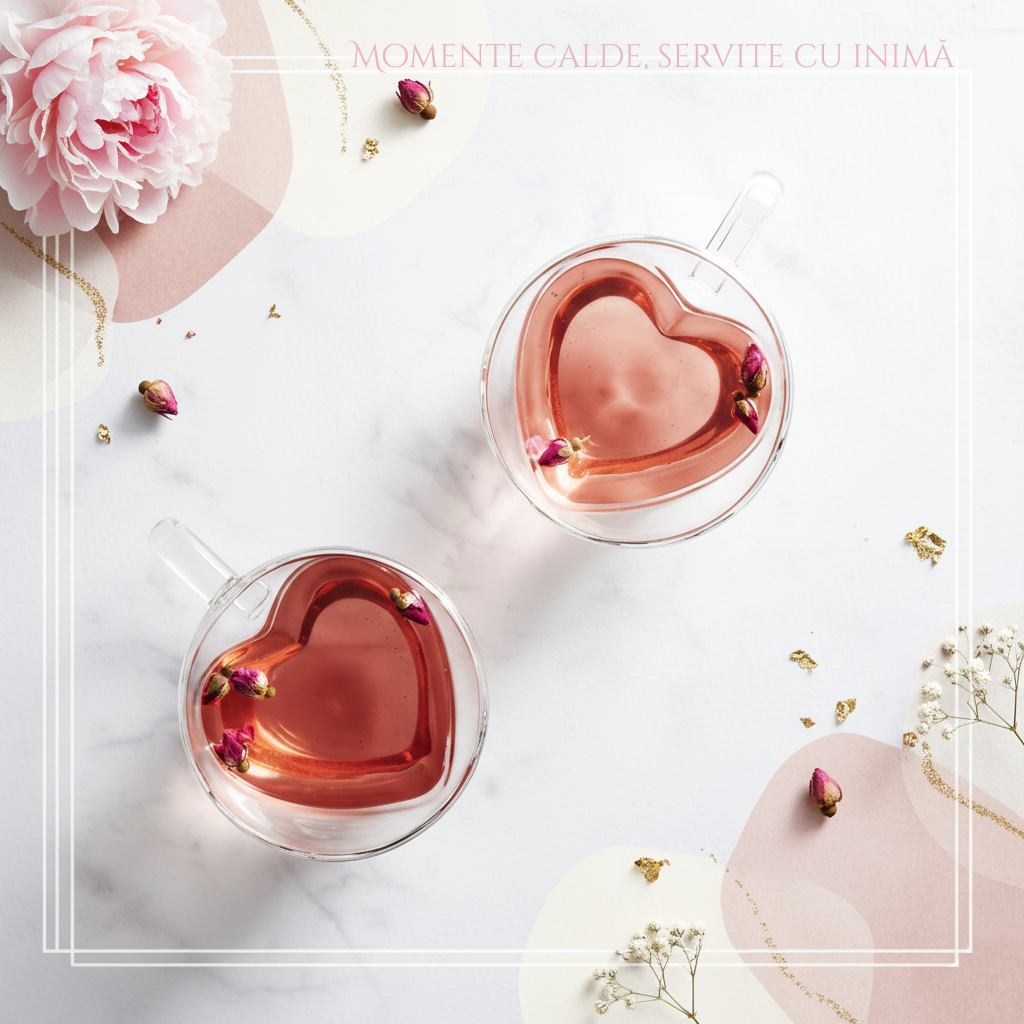 2 Cani in forma de inima cu ceai rosu in ele sunt asezate pe masa alba cu decor din flori. In poza se observa textul " Momente calde, servite cu inima"