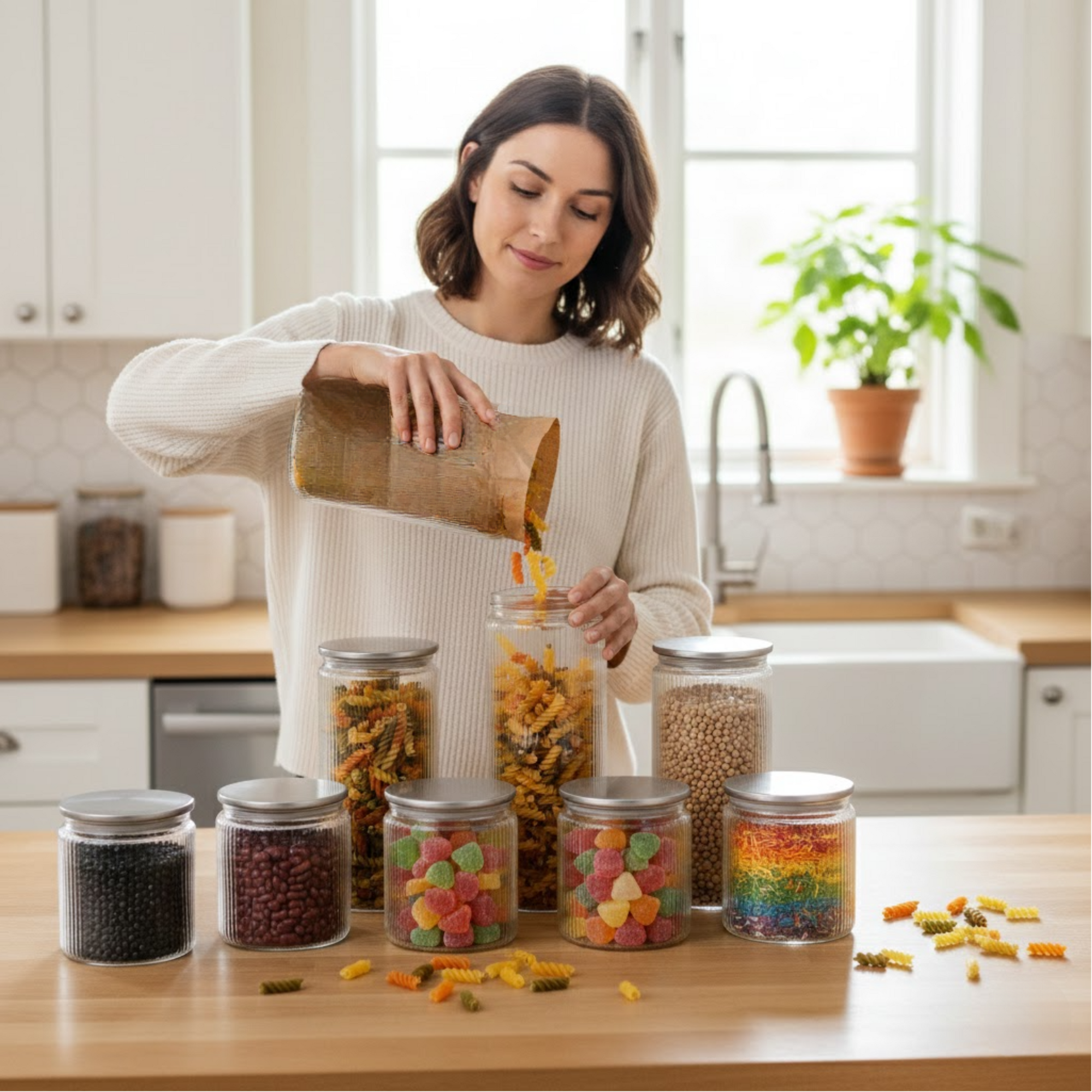 Set 6/7/9 Borcane din sticlă borosilicată Koken, Recipiente cu capac din plastic BPA Free si otel inoxidabil ermetic, pentru depozitarea alimentelor uscate și cereale