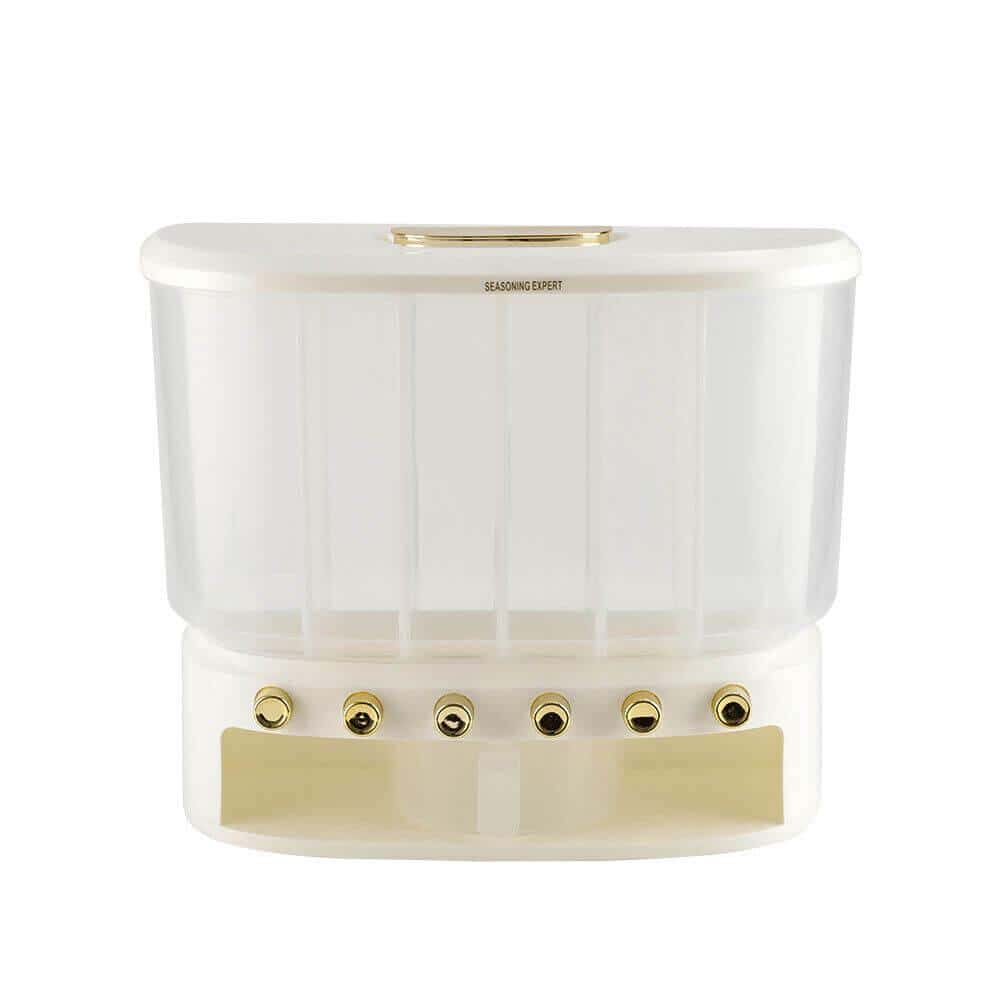 Dispenser dozator de stocare cereale, crupe, seminte,Koken.ro, 6 compartimente, Inaltime 36 cm, Alb - köken