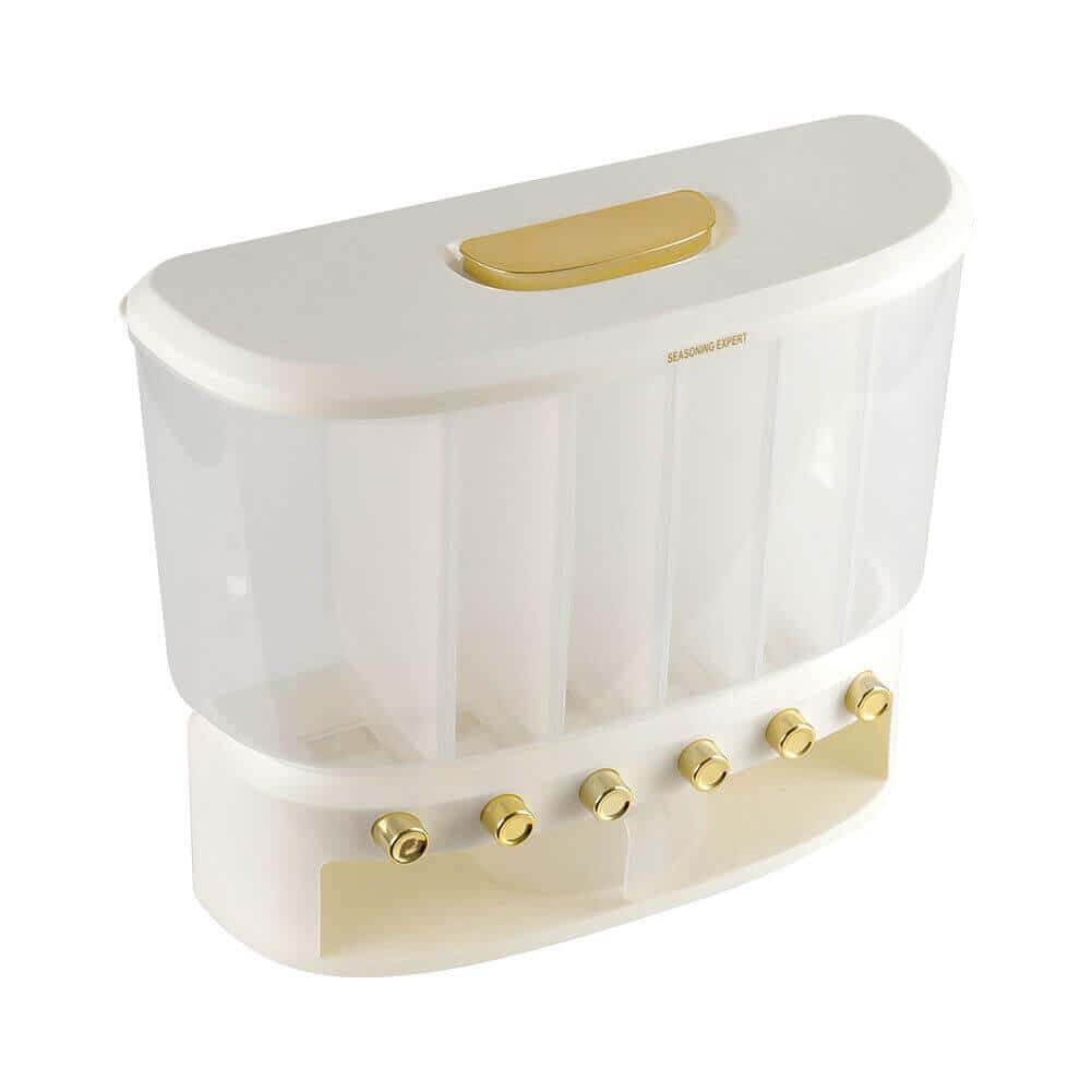 Dispenser dozator de stocare cereale, crupe, seminte,Koken.ro, 6 compartimente, Inaltime 36 cm, Alb - köken