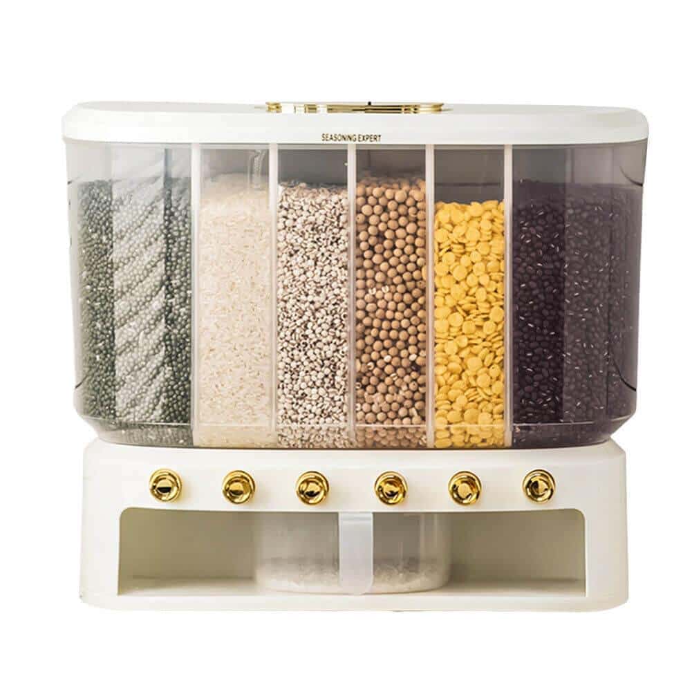 Dispenser dozator de stocare cereale, crupe, seminte,Koken.ro, 6 compartimente, Inaltime 36 cm, Alb - köken
