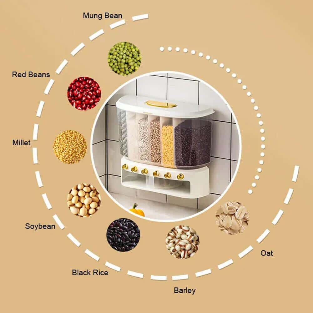 Dispenser dozator de stocare cereale, crupe, seminte,Koken.ro, 6 compartimente, Inaltime 36 cm, Alb - köken