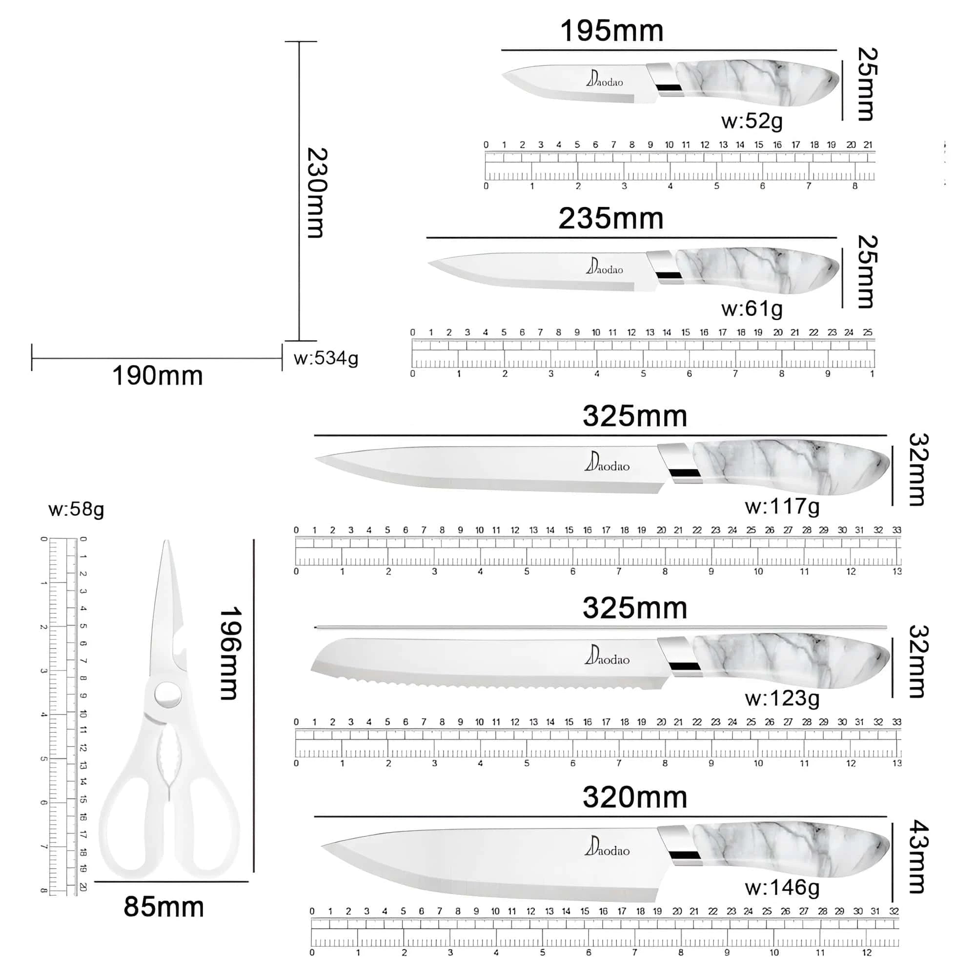 In aceasta poza sunt toate marimile produselor din set: 1 cuțit de bucătar de 20 cm; 1 cuțit pentru pâine de 20 cm; 1 cuțit pentru tăiat de 20 cm; 1 cuțit de sculptat de 12,7 cm; 1 cuțit pentru legume de 9 cm; 1 foarfece de 19,6 cm x 0,85 cm; 1 Suport Transparent 19 cm x 23 cm.