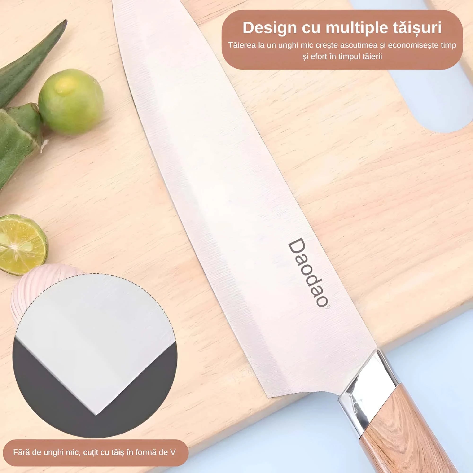 In poza se prezinta design-ul cu multiple taisuri, cutit cu taias in forma de V.