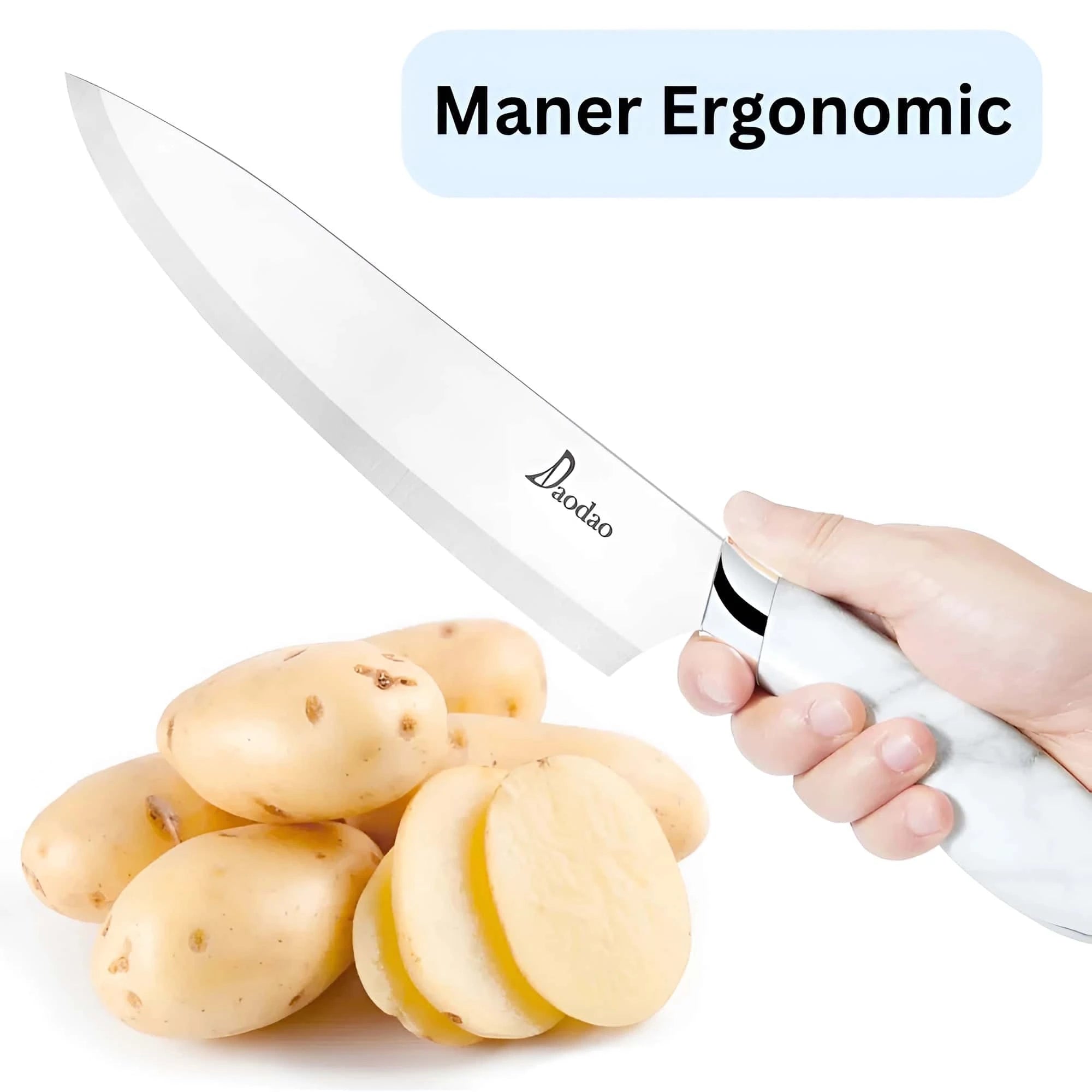 In poza este specificat un alt avantaj al cutitelor - manerul ergonomic.
