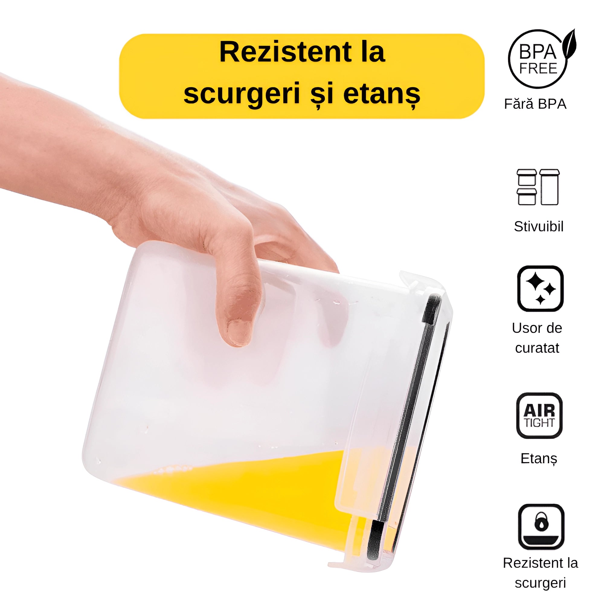 In poza este prezentata rezisenta la scurge si etans a recipientului. De asemenea este fara BPA, stivuibil si usor de curatat.