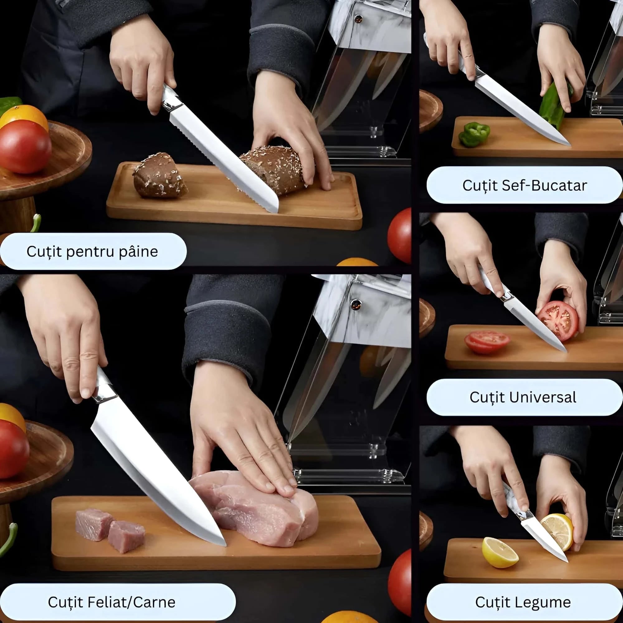 In poza sunt reprezentate tipurile de cutite: universal, pentru paine, legume, feliat/carne, sef-bucatar. 
