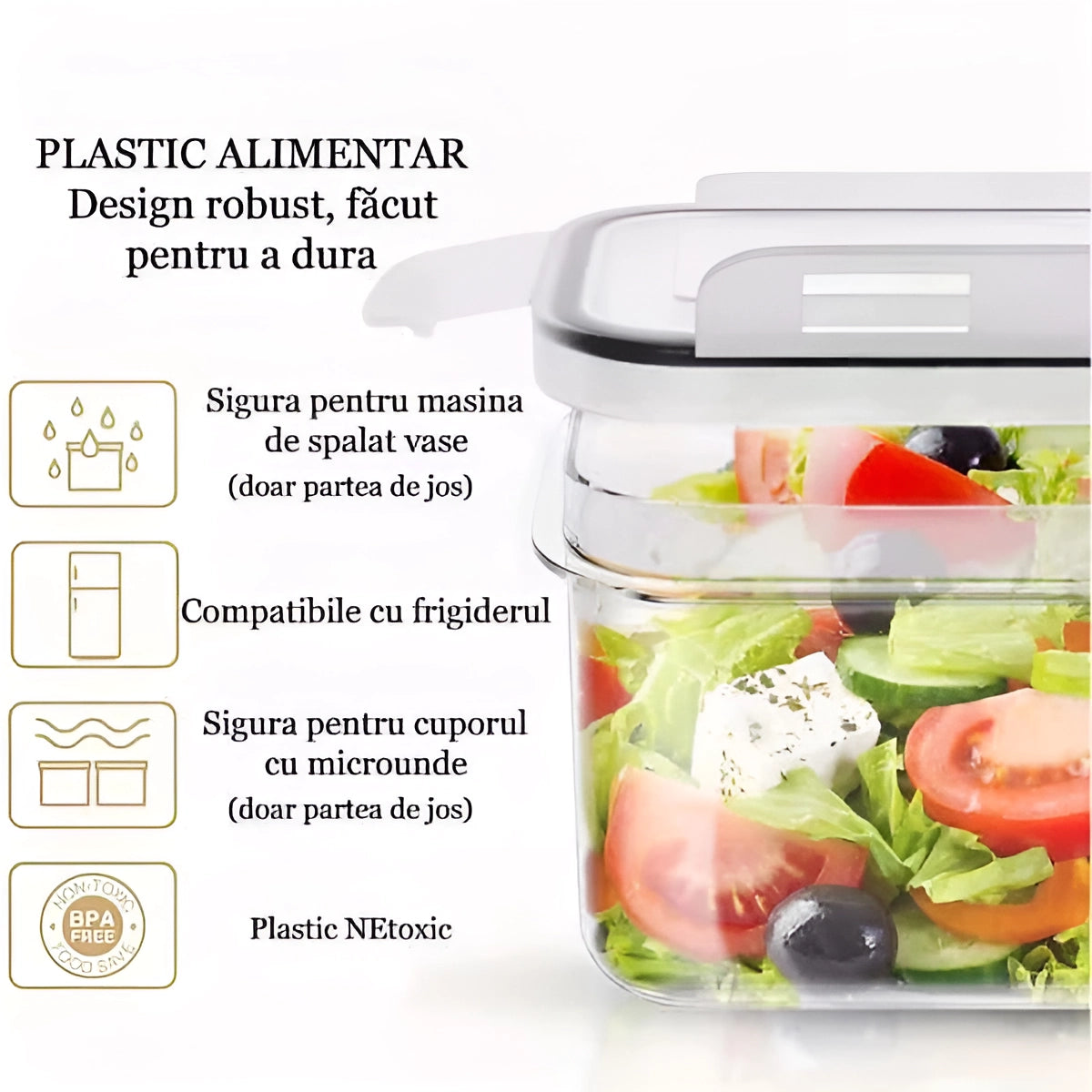 In poza sunt prezentate detalii despre recipient: este facut din plastic alimentar, design robust, facut pentru a dura, poate fi utilizat in masina de spalat vase (doar partea de jos) si in cuptorul de microunde (doar partea de jos); compatibil cu frigiderul; din plastic netoxic.