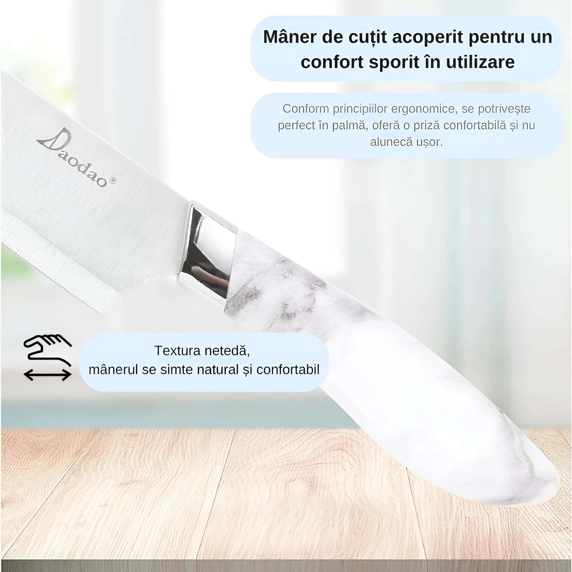 In poza sunt reprezentate avntajele manerului: confort sporit in utilizare, textura neteda.