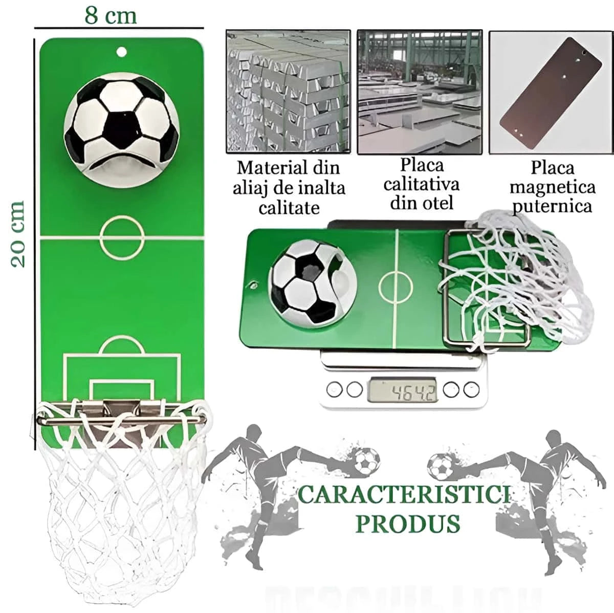 In poza sunt prezentate caracteristicile produsului: marimea - 20 cm x 8 cm; material din aliaj de inalta calitate, placa calitativa din otel, placa magnetica puternica.