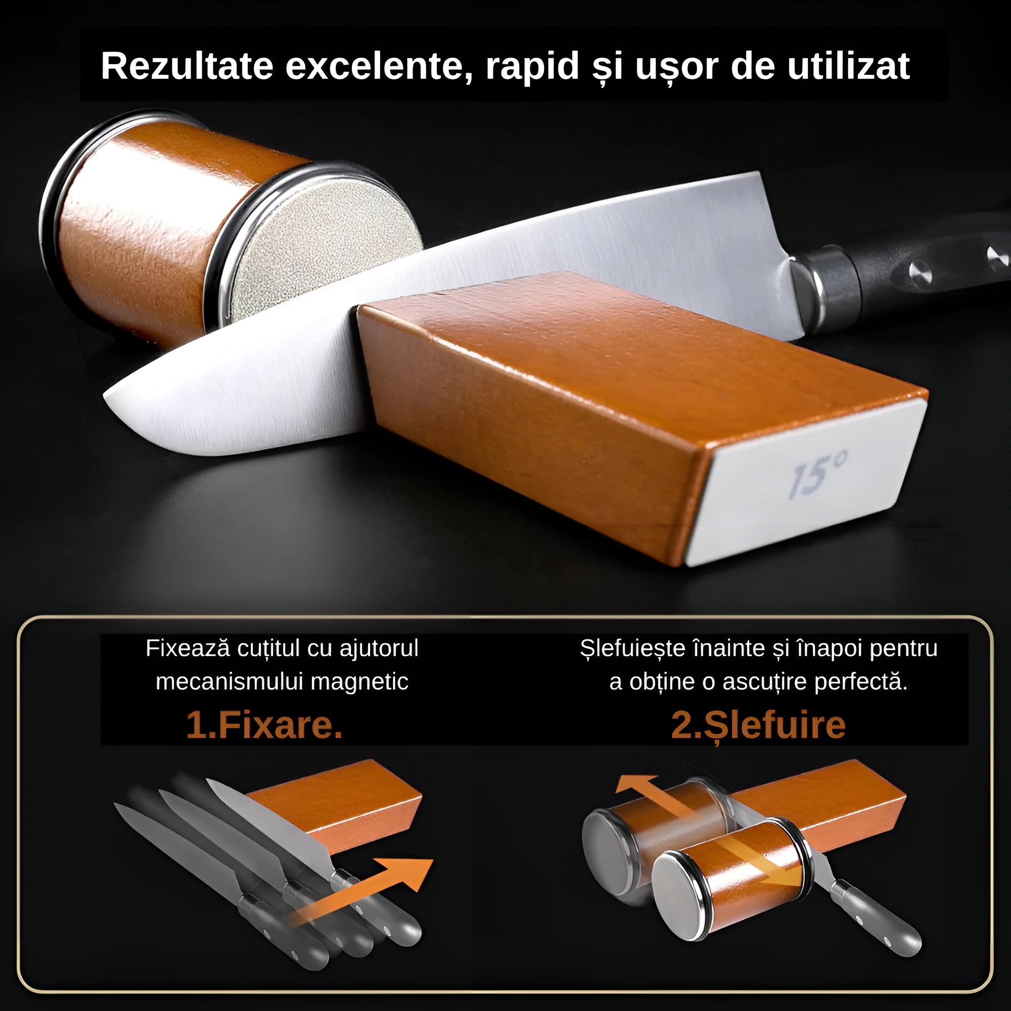 In poza este prezentata instruciunea de utilizare: fixarea cutitului cu ajutorul mecanismului magnetic, apoi slefuieste inainte si inapoi pentru a obtine o ascutire perfecta.
