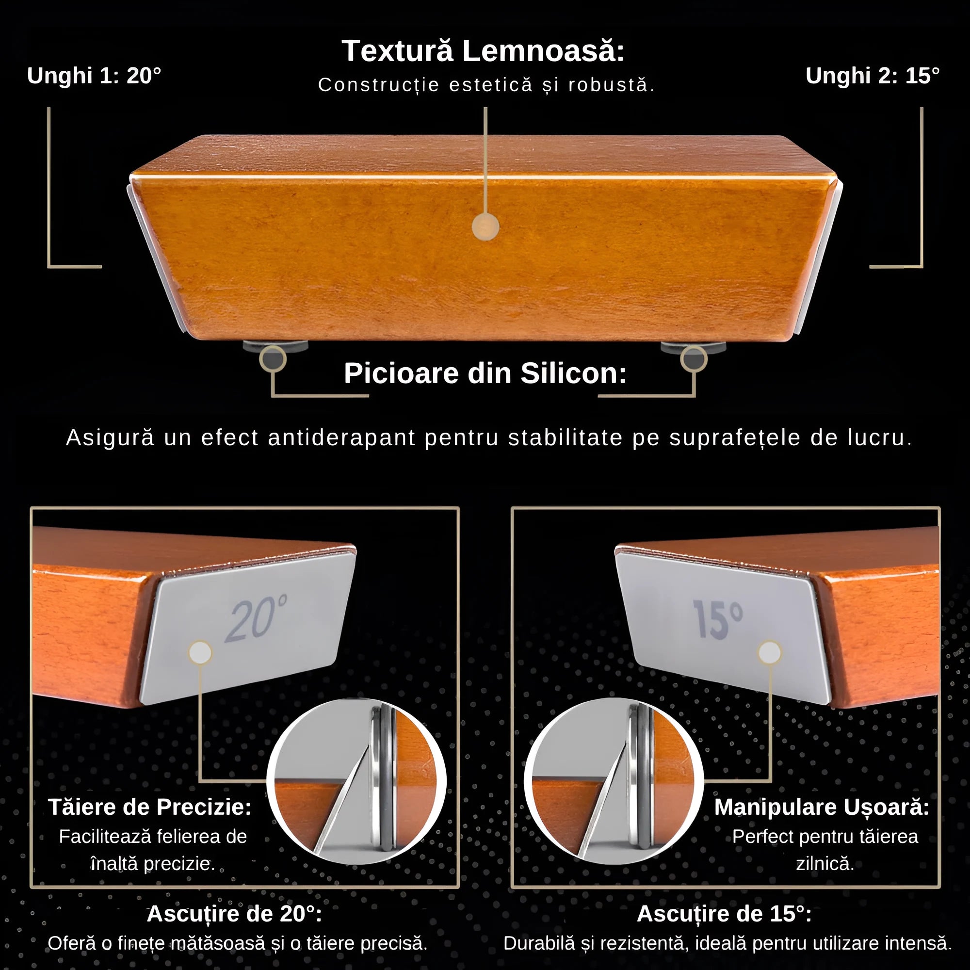 In poza sunt prezentate caracteristicile kitului de ascutire: textura lemnoasa, picioare din silicon, taiere de precizie, manipulare usoara.