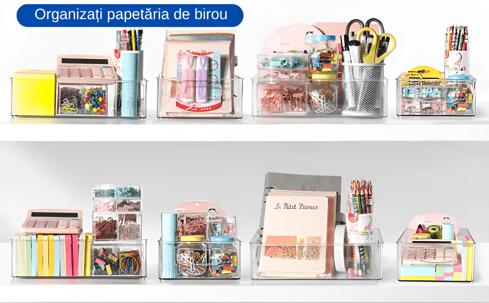 In poza este reprezentata papetaria de birou organizata cu ajutorul cutiilor de depozitare.