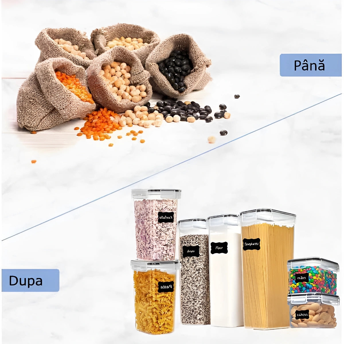 In poza este prezentata situatia de pana utilizarea recipientelor de depozitare (dezordine) si dupa (totul este organizat).