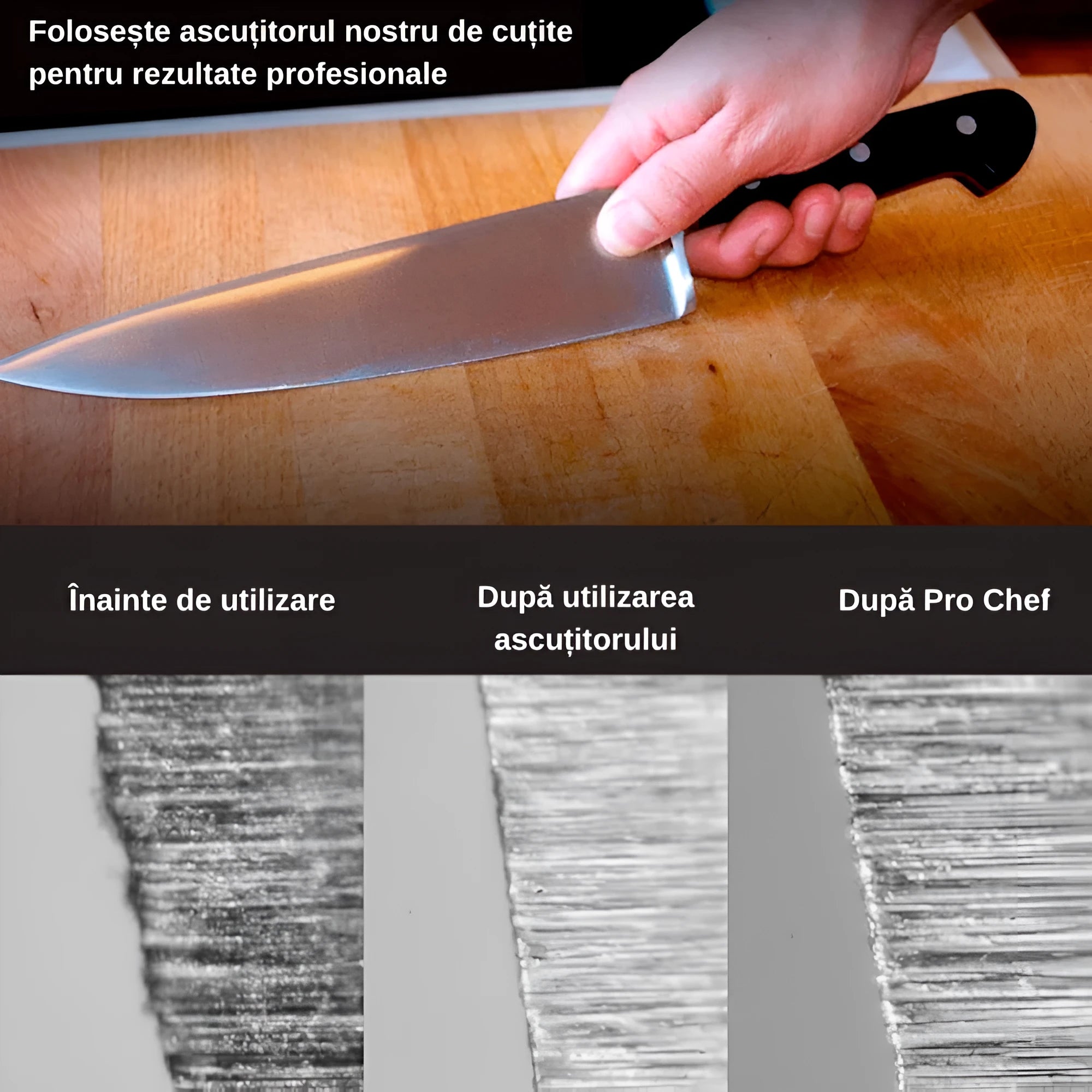 In poza este prezentat diferenta pana la si dupa utilizarii kitului de ascutire.