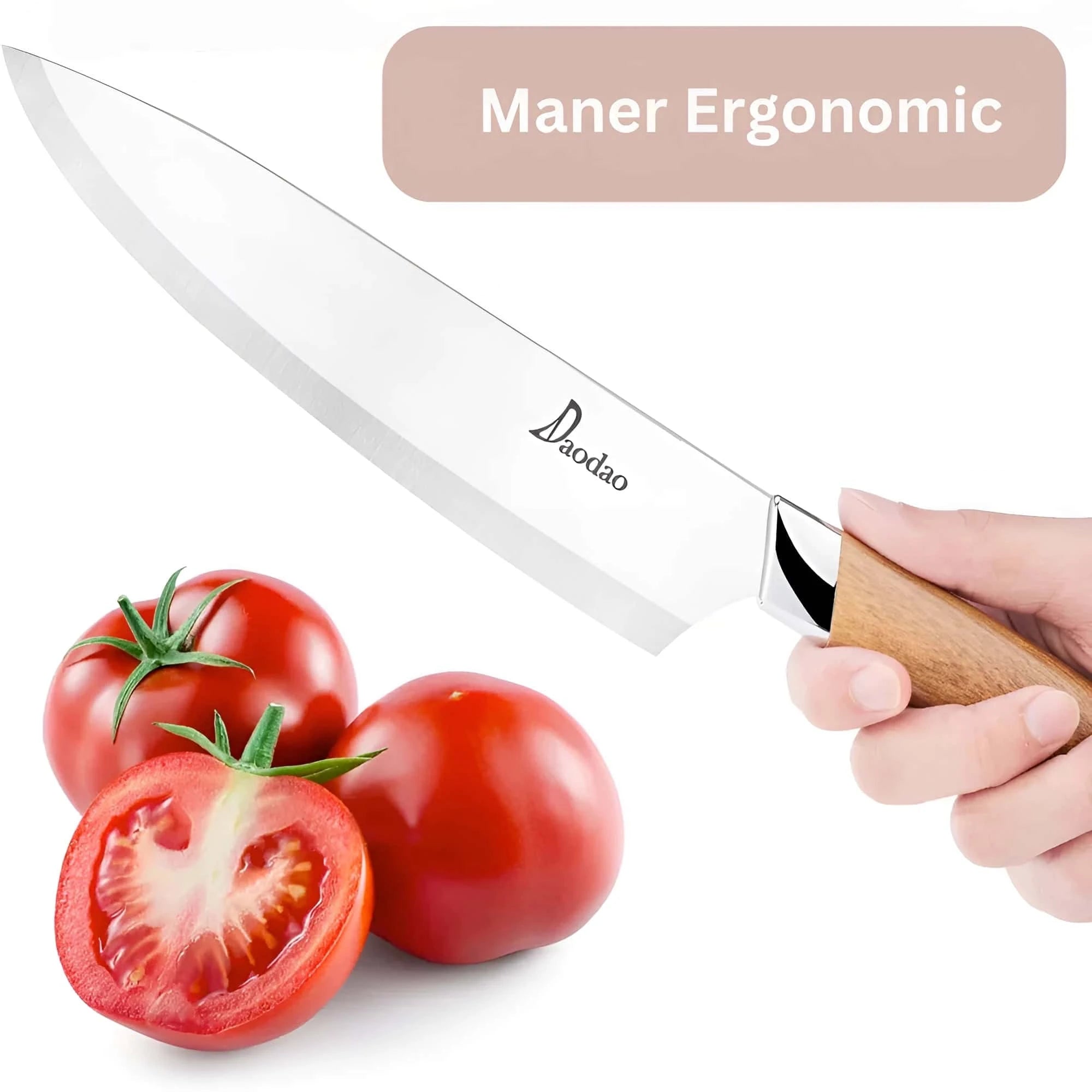 In poza se pune accent pe manerul ergonomic al cutitelor.