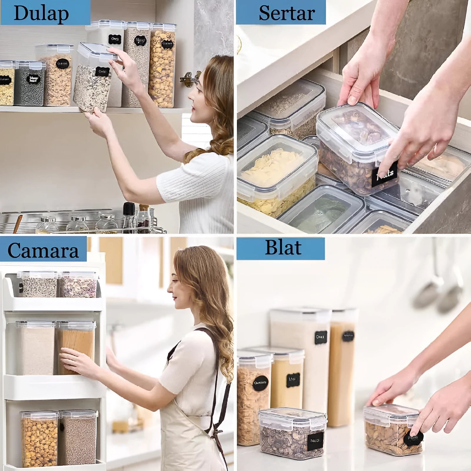 In poza este prezentat unde pot fi pastrate recipientele: dulap, sertar, camara, blat.