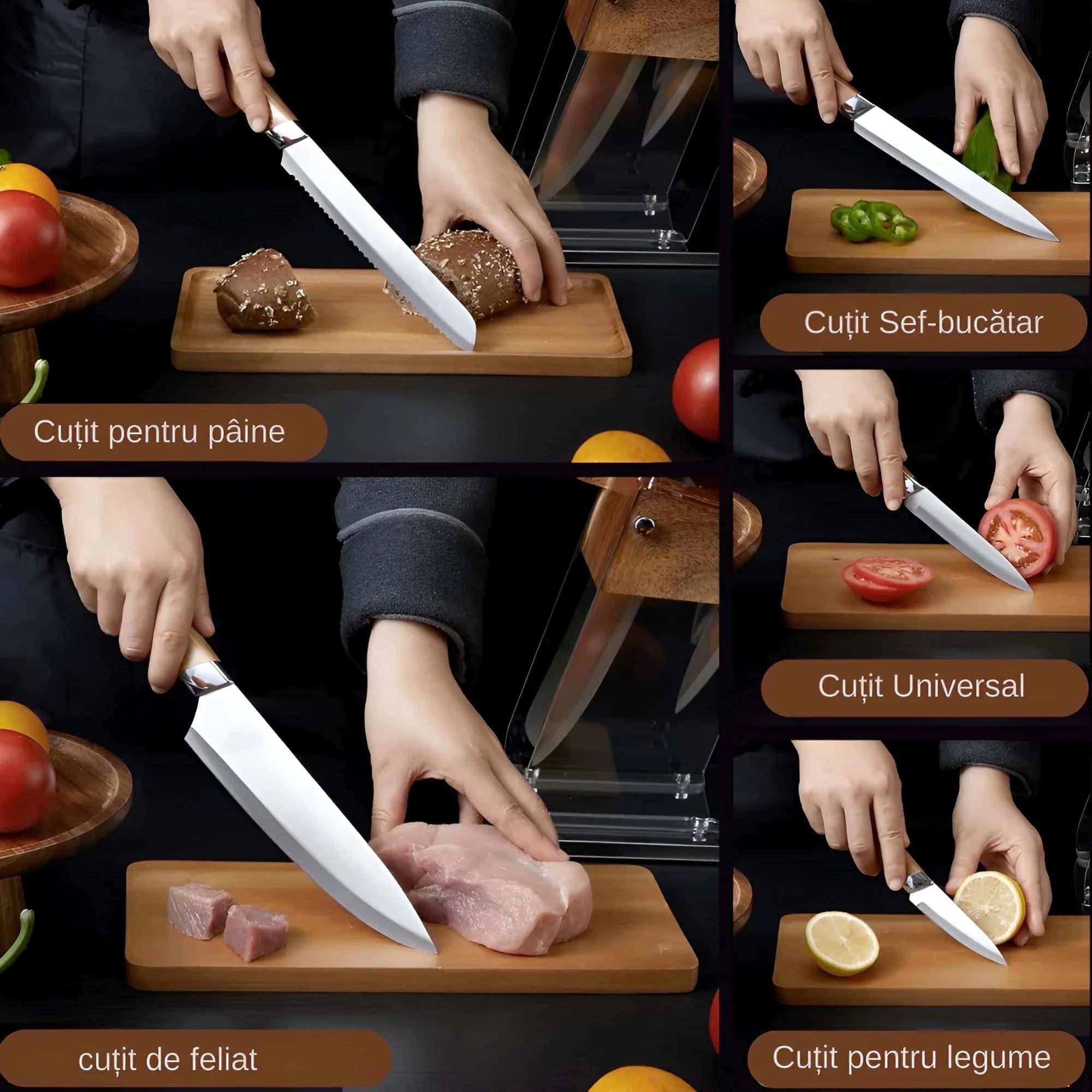 In poza sunt prezentate tipurile de cutite din set: universal, pentru paine, de feliat, pentru legume, sef-bucatar.