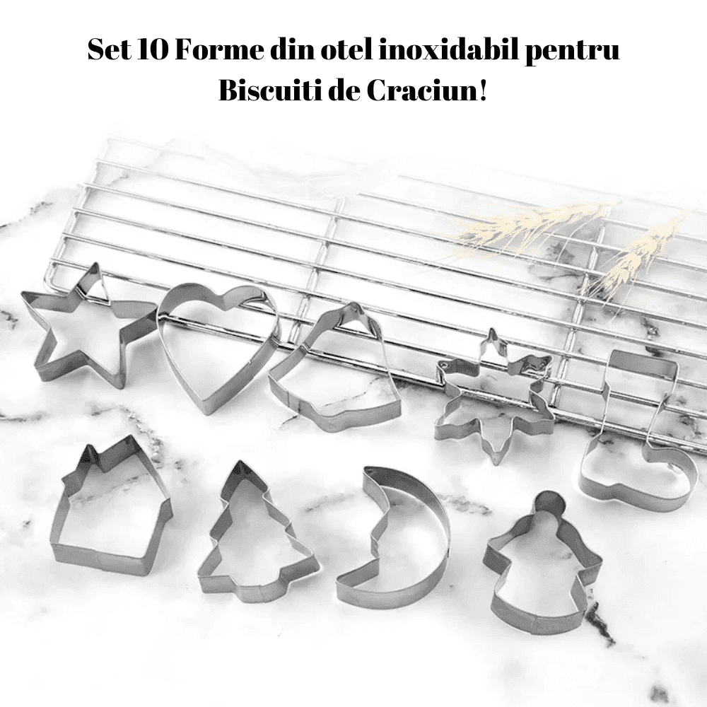 Forme pentru Fursecuri Craciun Koken.ro, Otel inoxidabil, Set 10 forme de taiat prajituri, Model Craciun, Argintiu - köken