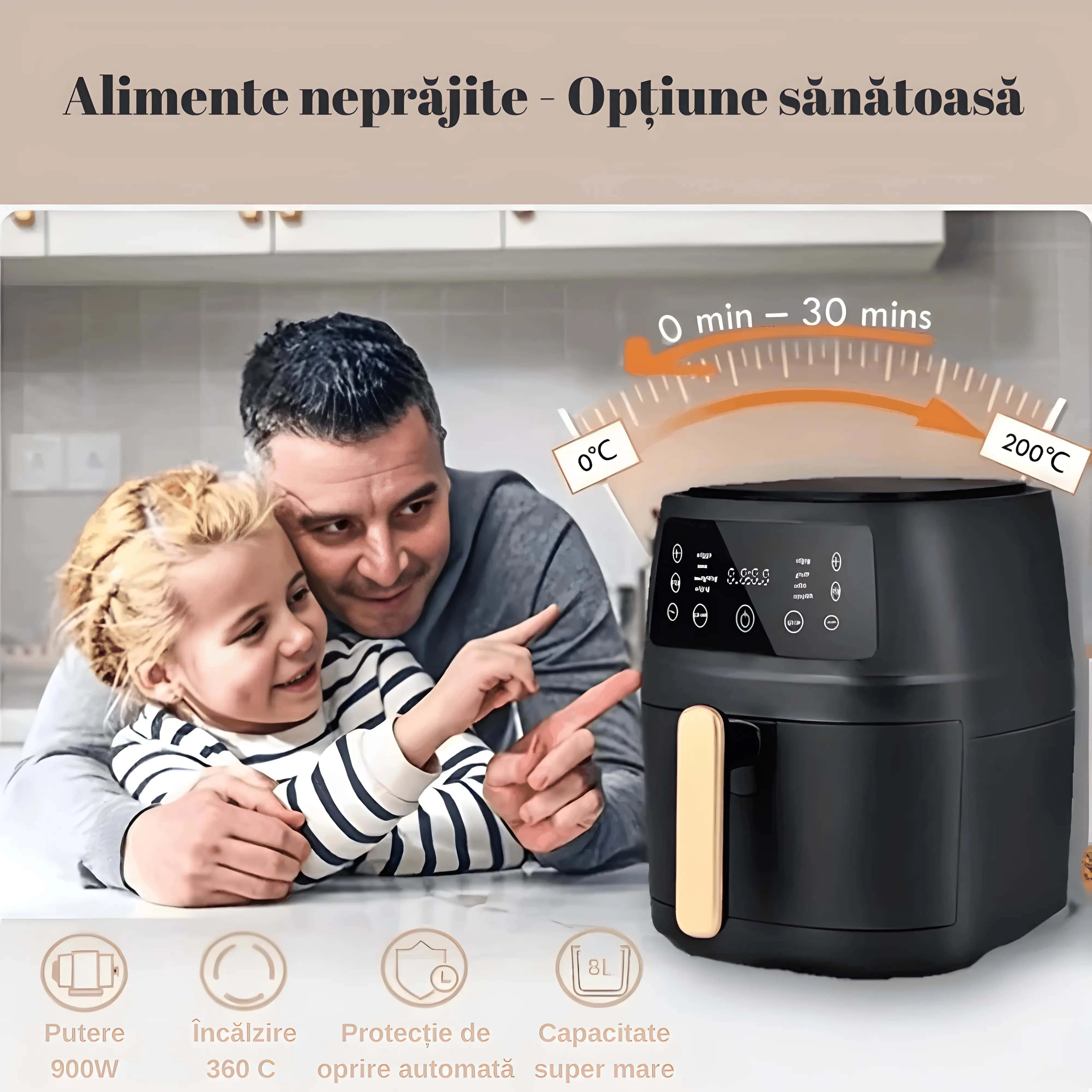 Koken Hot Air Fryer, Air Fryer Healthy Option-no oil, Power 2400W, 8 programs, 8L capacity, adjustable temperature, removable bowl, 32x25.5 cm, Black 
