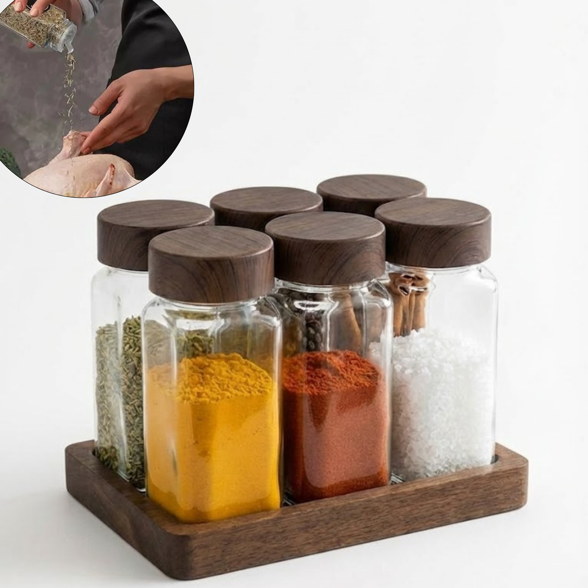 Set 6 Recipiente Organizatoare Condimente din Sticla, Capac plastic alimentar, suport Bambus, Borcane Bucatarie, Fara BPA, Transparente