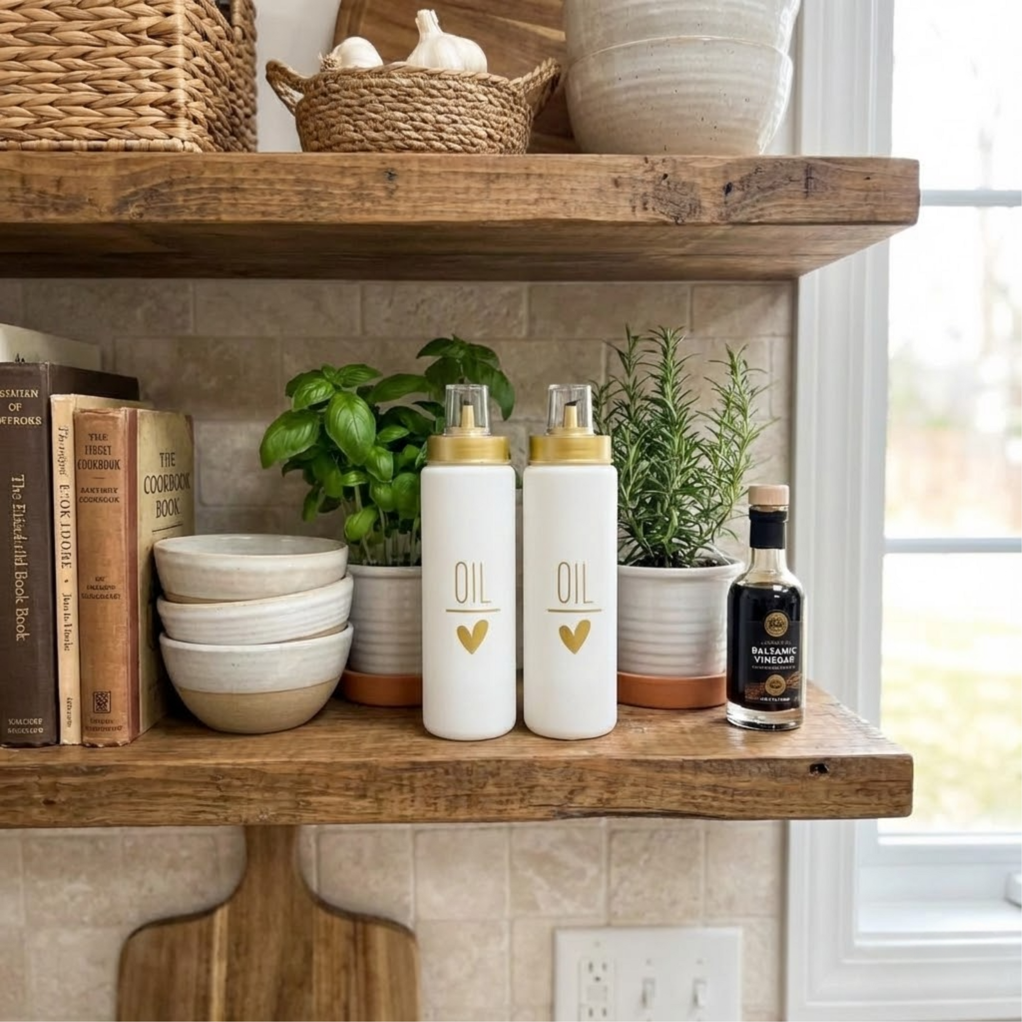 Set 2 Oliviere din sticlă pentru ulei – 550 ml, cu capac plastic anti-picurare, recipiente pentru ulei, design elegant „OIL”, Alb/Auriu