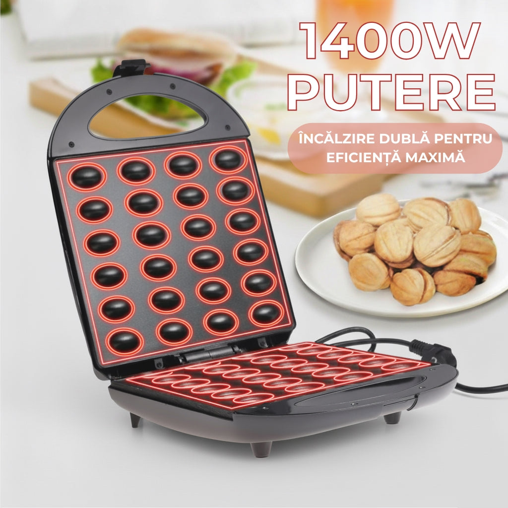 Grill negru Koken pentru coacerea jumatatilor de nuci cu incalzire dubla pentru eficienta maxima si 1400W putere.