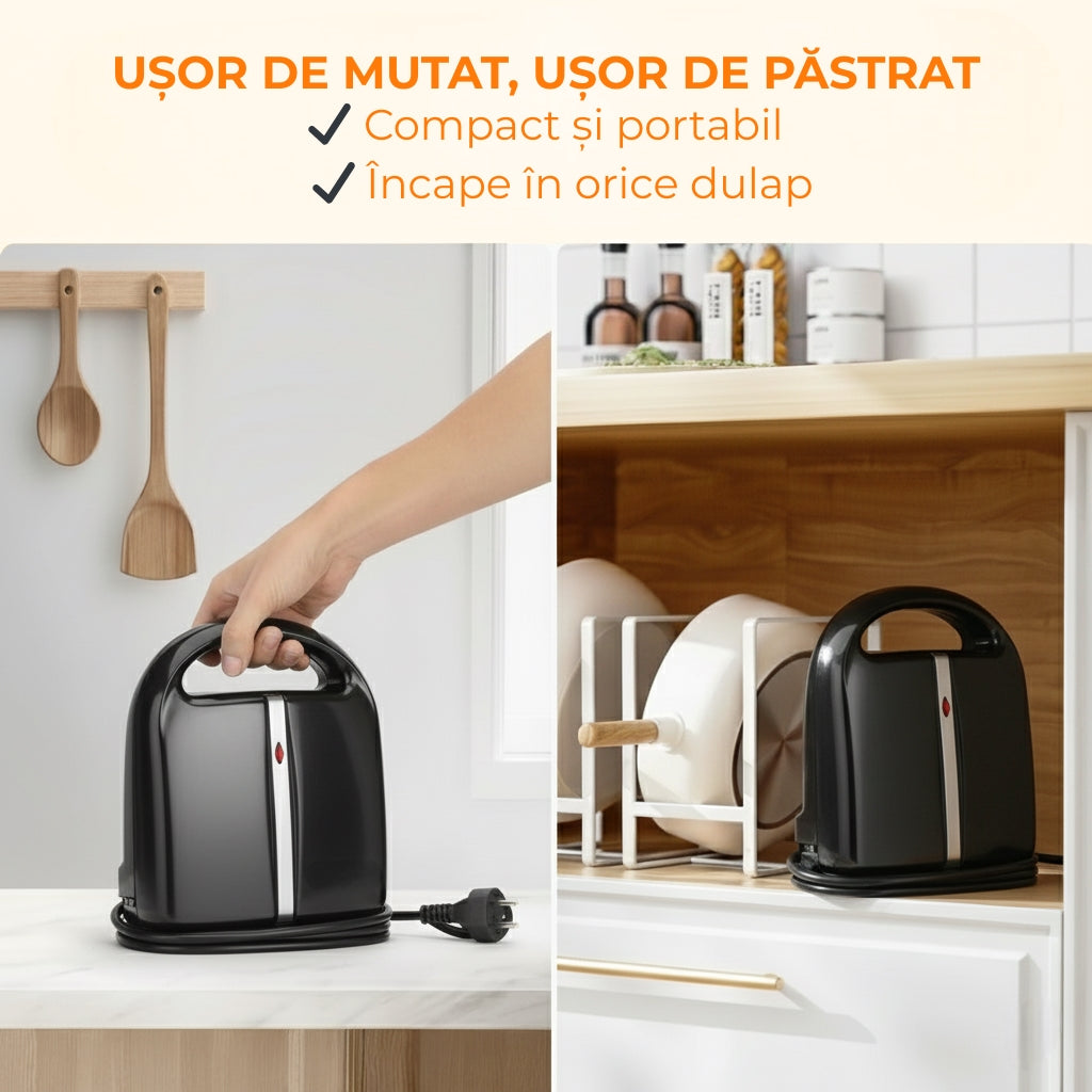 Grillul Koken pentru coacerea jumatatilor de nuca poate fi usor de mutat si usor de pastrat caci e compact si portabil, incape in orice dulap. Se vede cum este stabil pe partea posterioara si sta ferm pe masa, de asemenea poate fi pus si pe raft.