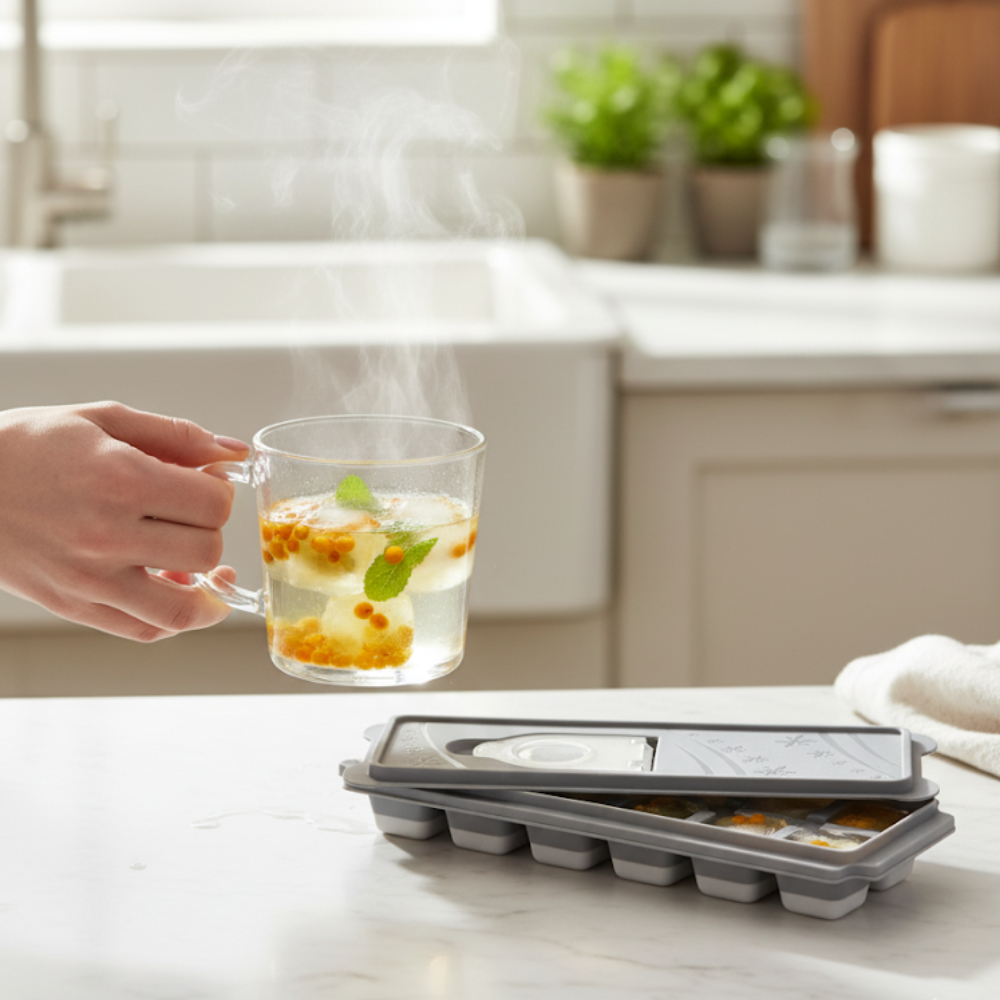 Forma Pentru Cuburi De Gheata Koken, Matrita din Plastic PP, Silicon alimentar, 12 cuburi, Capac cu deschidere suplimentara pentru apa, BPA Free, Gri, 9.5 x 27 x 3.5,